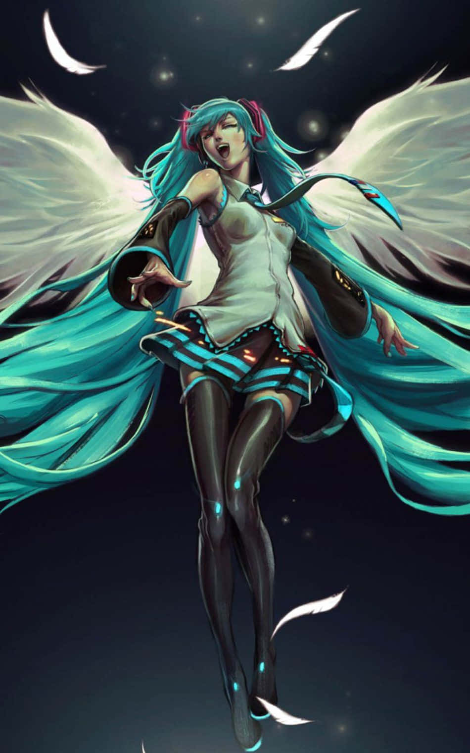 Vocaloid 桌布 壁紙 — 一個充滿活力的動漫女孩，擁有藍綠色頭髮和發光的白色翅膀，在繁星點點的夜空中翱翔，留下羽毛般的痕跡。