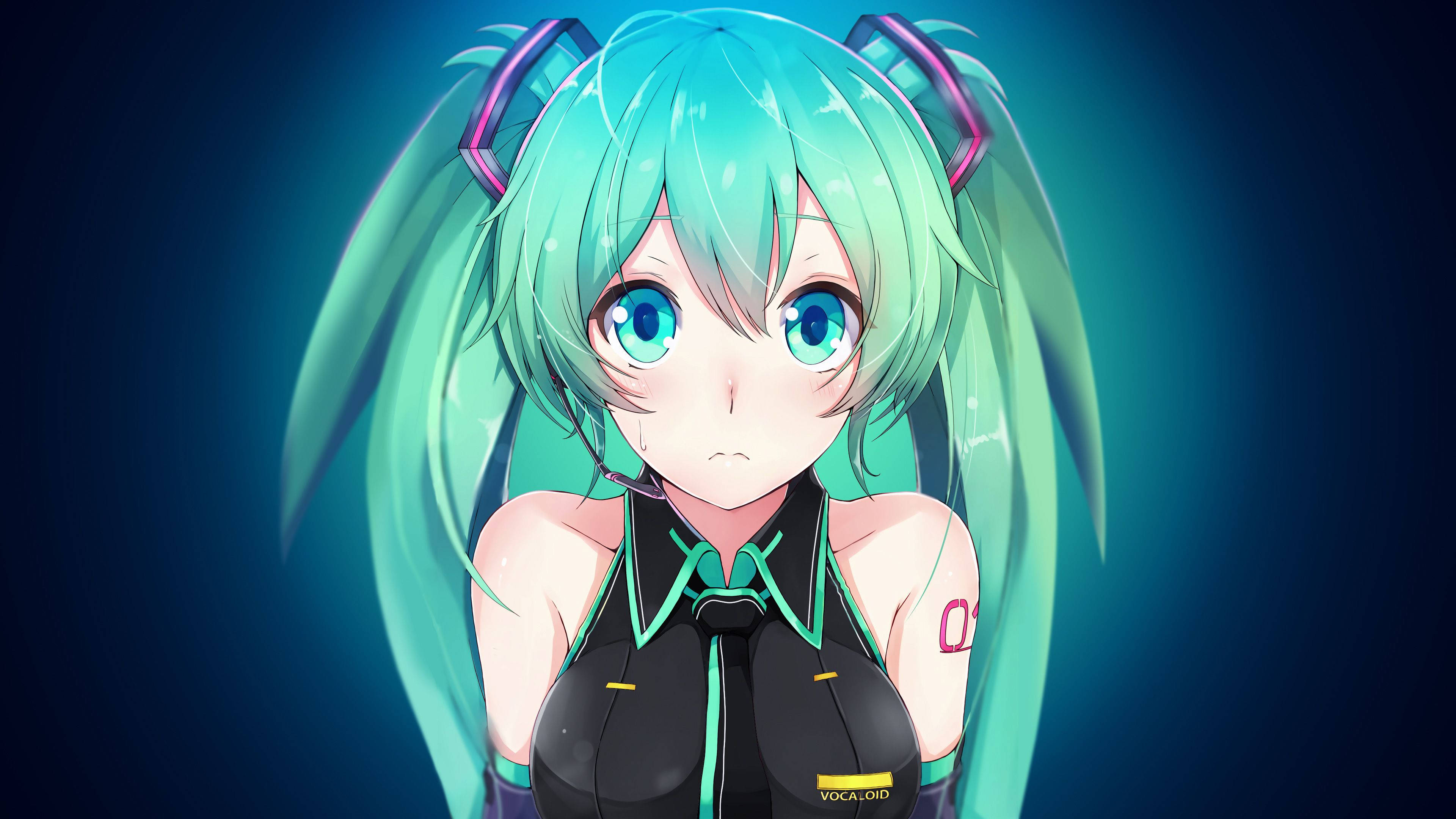 miku 桌布 壁紙 — 一個充滿活力的動漫女孩，擁有藍綠色辮子和藍色眼睛，在深藍色漸變背景中向前凝視。