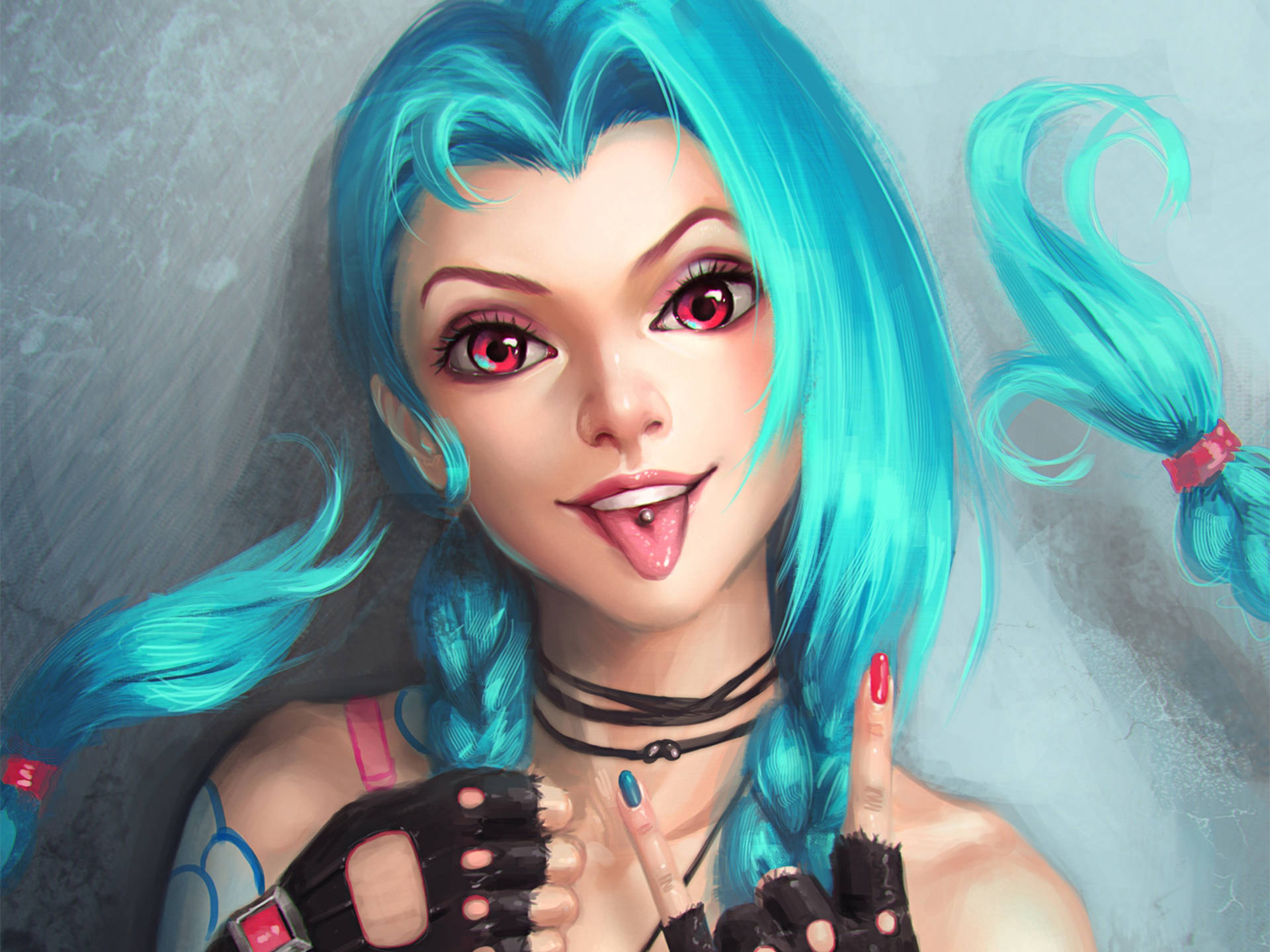 Jinx 桌布 壁紙 — 一個充滿活力的動漫女孩，擁有藍綠色雙馬尾和紅色眼睛，在紋理灰色背景前頑皮地伸出舌頭。