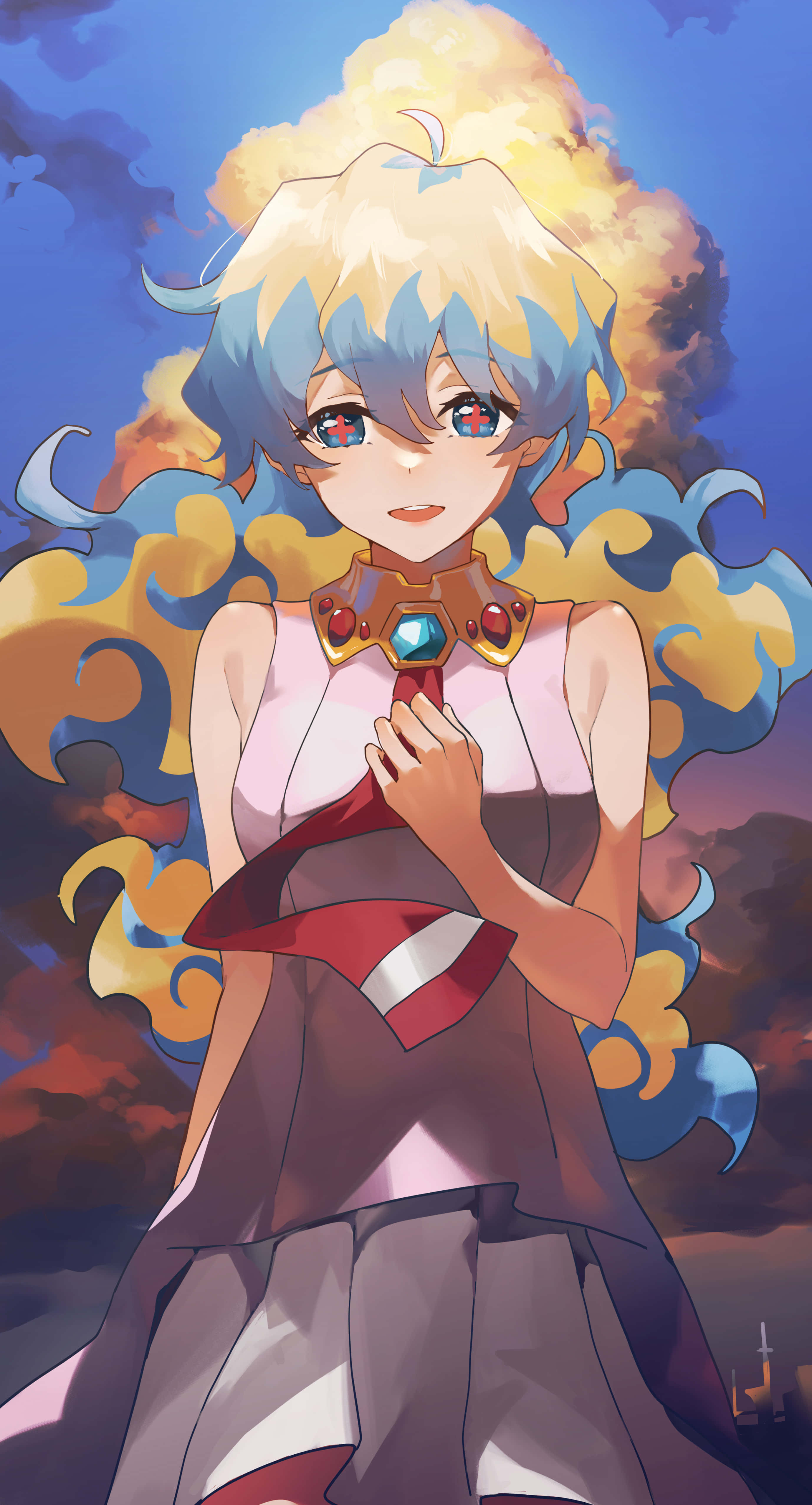 Nia Teppelin 桌布 壁紙 — 一個充滿活力的動漫女孩，擁有藍色和黃色的頭髮，站在火熱的天空下，穿著帶有寶石領的紅白連衣裙。