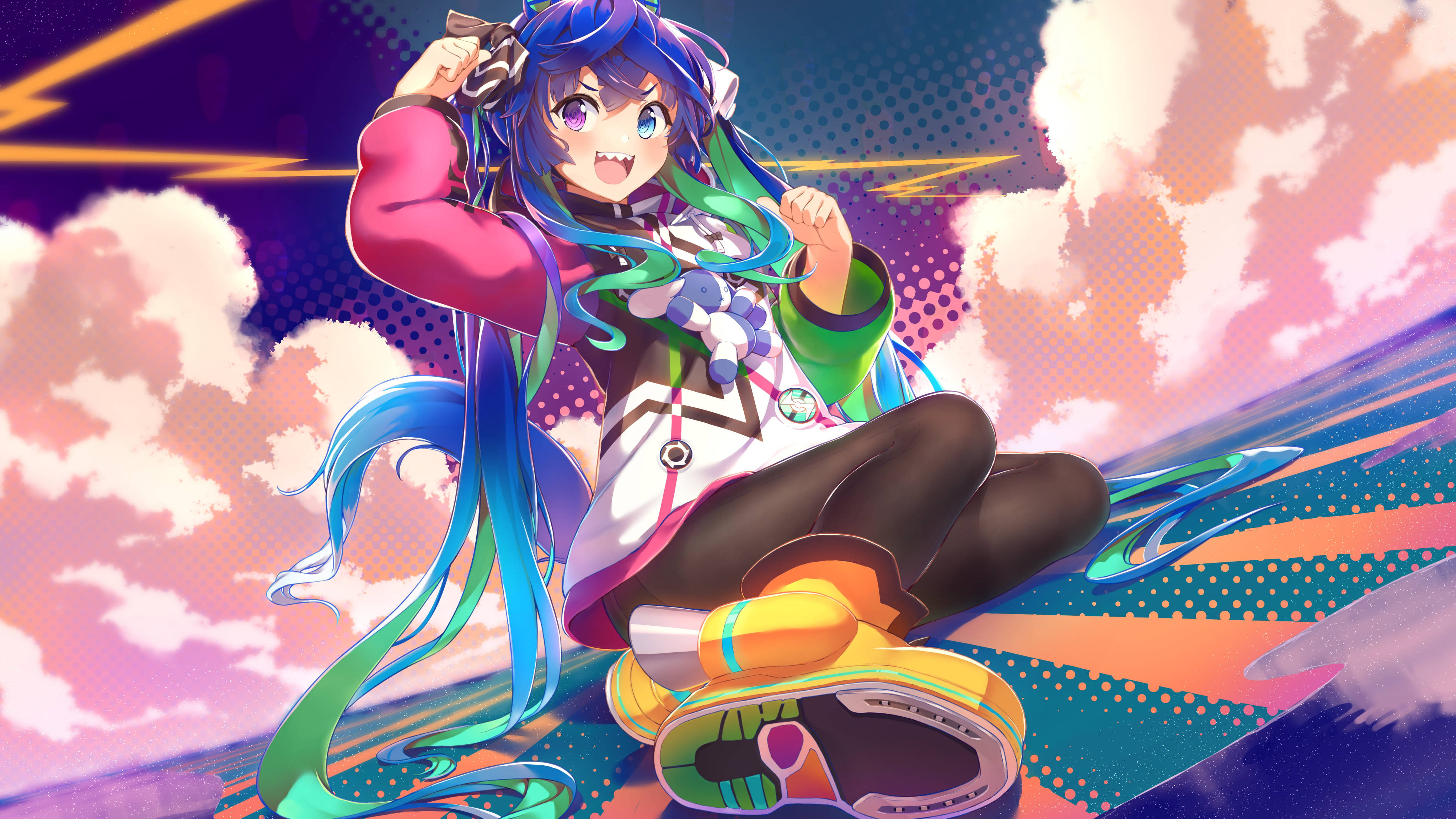 Uma 桌布 壁紙 — 一個充滿活力的動漫女孩，擁有藍色和綠色的頭髮，動態地坐在色彩繽紛的天空下，有雲和閃電。