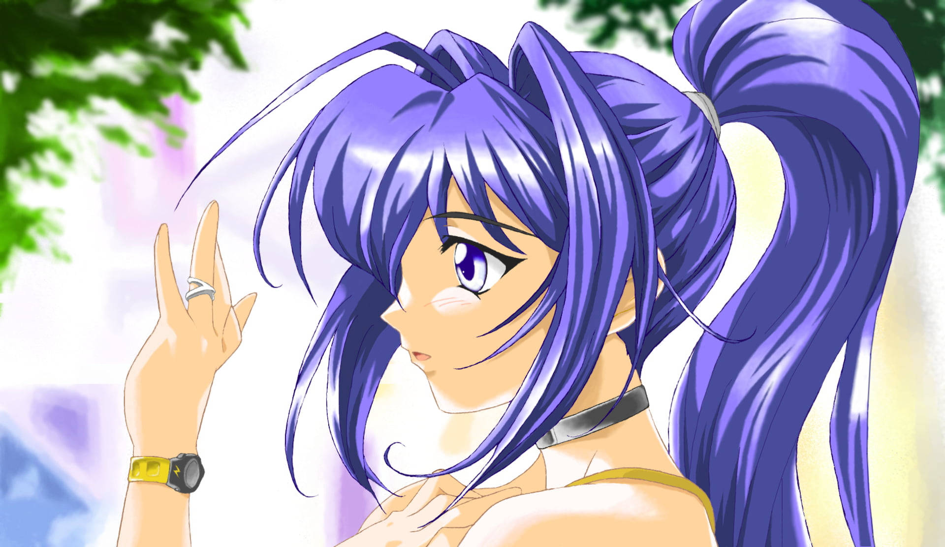 kimi ga nozomu eien 桌布 壁紙 — 一個充滿活力的動漫女孩，擁有長長的紫色頭髮和相配的眼睛，在柔和的模糊綠色背景前開心地揮手。