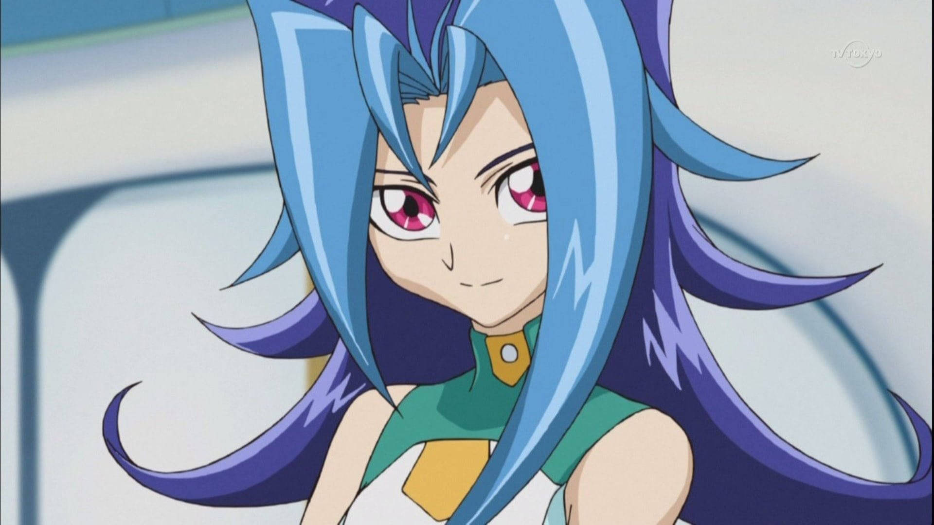 Yu Gi Oh 桌布 壁紙 — 一個充滿活力的動漫女孩，擁有電光藍色頭髮和粉紅色眼睛，在特寫鏡頭中自信地凝視。