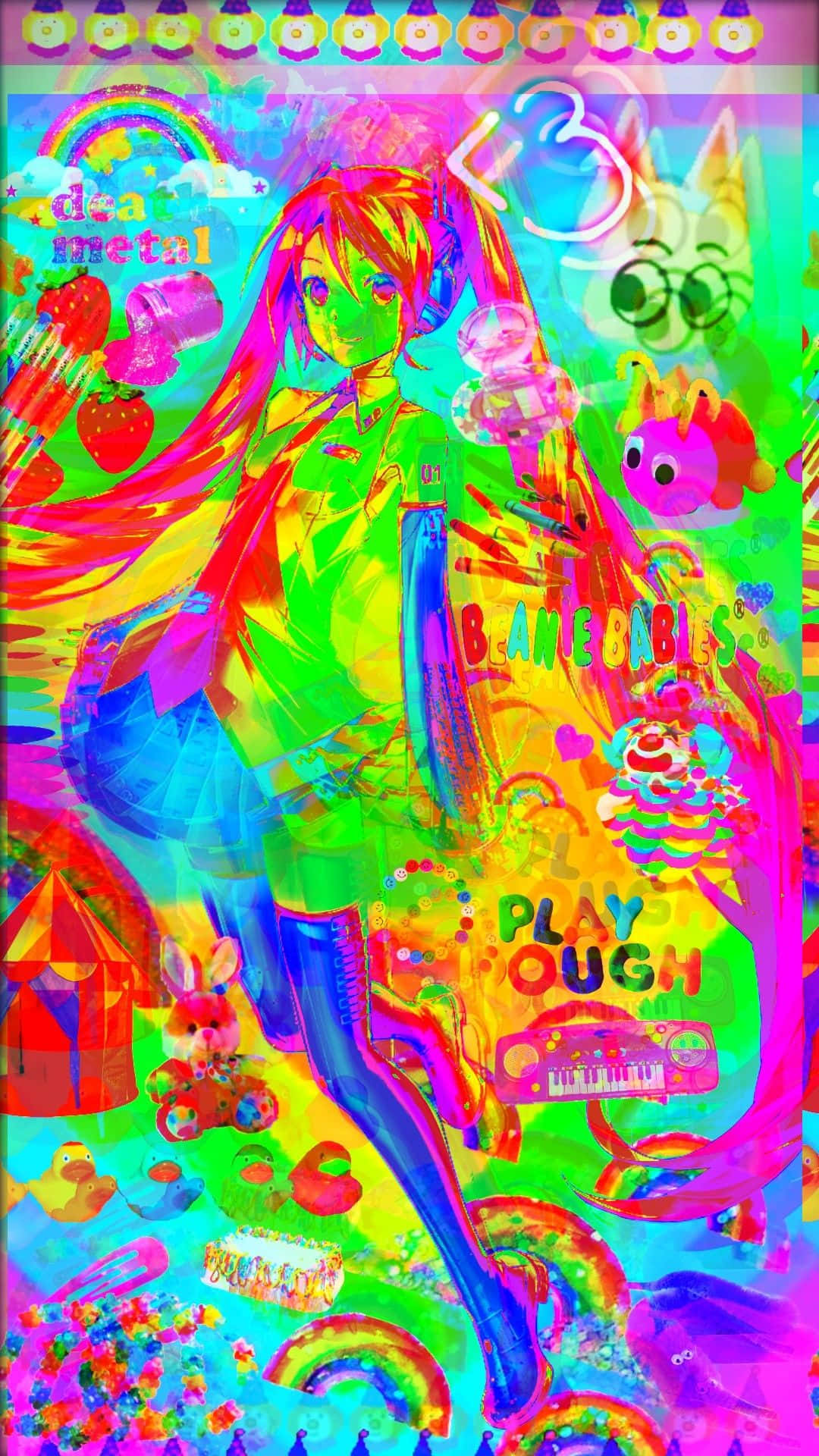 彩虹 桌布 壁紙 — 一個充滿活力的動漫女孩，擁有霓虹色的頭髮和服裝，被混亂多彩的玩具、彩虹和文字包圍，呈現迷幻的數位藝術風格。