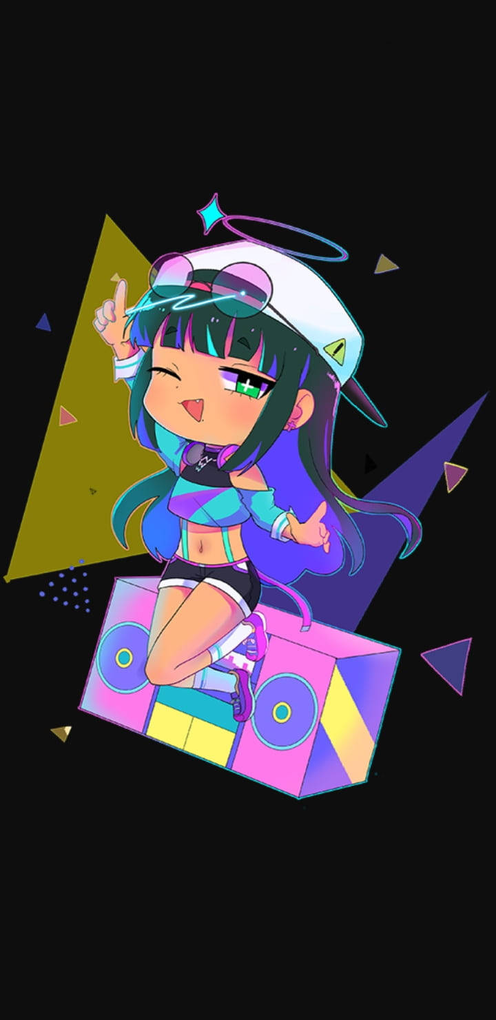 club 桌布 壁紙 — 一個充滿活力的動漫女孩，擁有青色頭髮和白色帽子，在黑色背景上帶有幾何形狀的彩色音箱上跳舞。