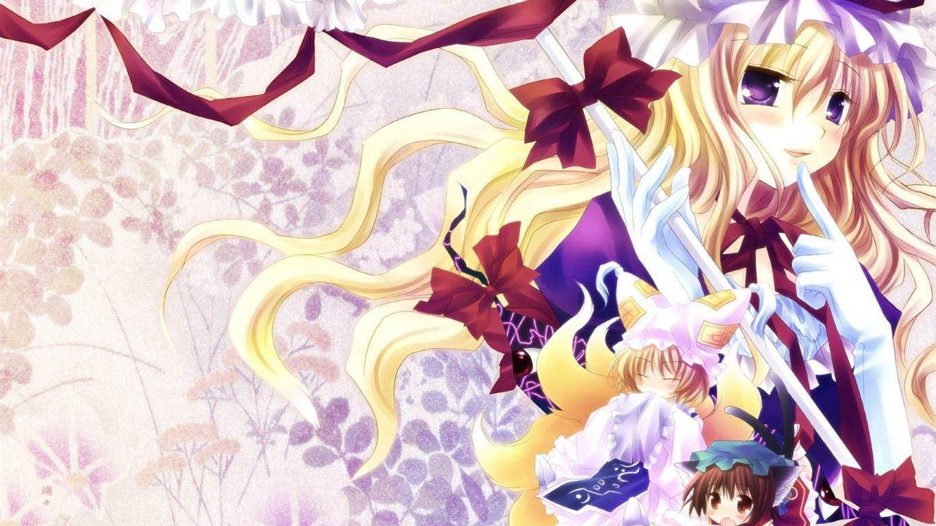 金髮紅蝴蝶結的動漫女孩在花卉背景下持劍。 — 少女風 GIF 壁紙
