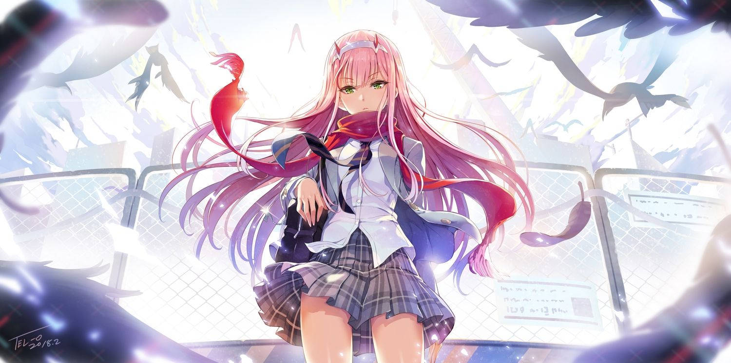 DARLING in the FRANXX 桌布 壁紙 — 一個充滿活力的動漫女孩，擁有飄逸的粉紅色頭髮和校服，站在發光的魔法能量和飛翔的鳥兒之中。