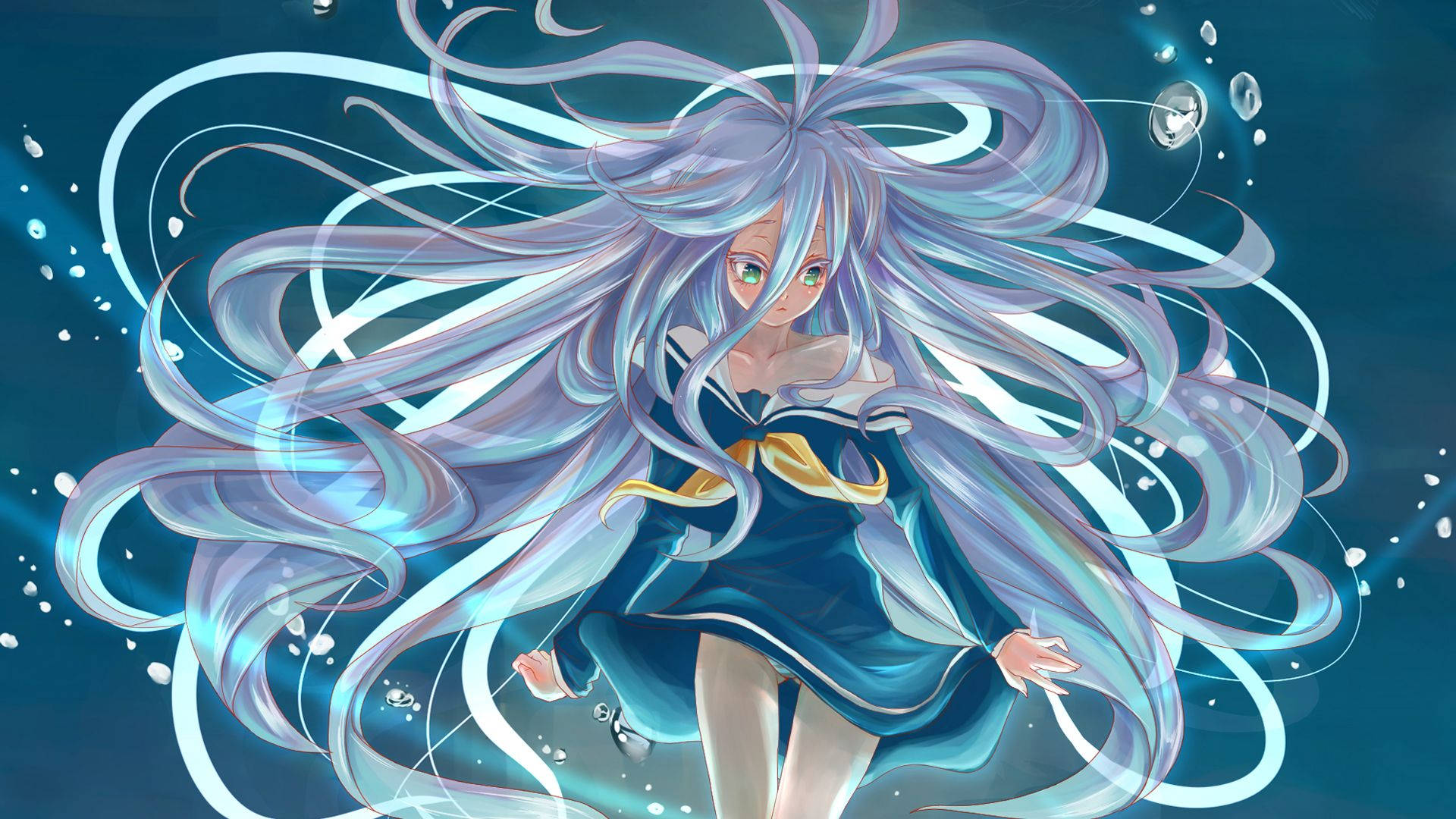 game 桌布 壁紙 — 一個充滿活力的動漫女孩，擁有飄逸的銀藍色頭髮和綠色眼睛，在水下優雅地游泳，周圍環繞著氣泡和發光的光跡。