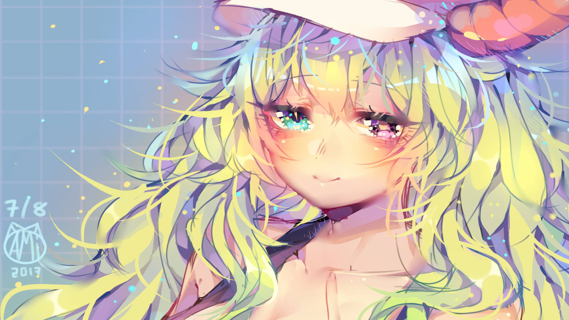 Lucoa 桌布 壁紙 — 一個充滿活力的動漫女孩，擁有飄逸的黃色頭髮和發光的眼睛，戴著帽子，背景是網格和漂浮的閃光。