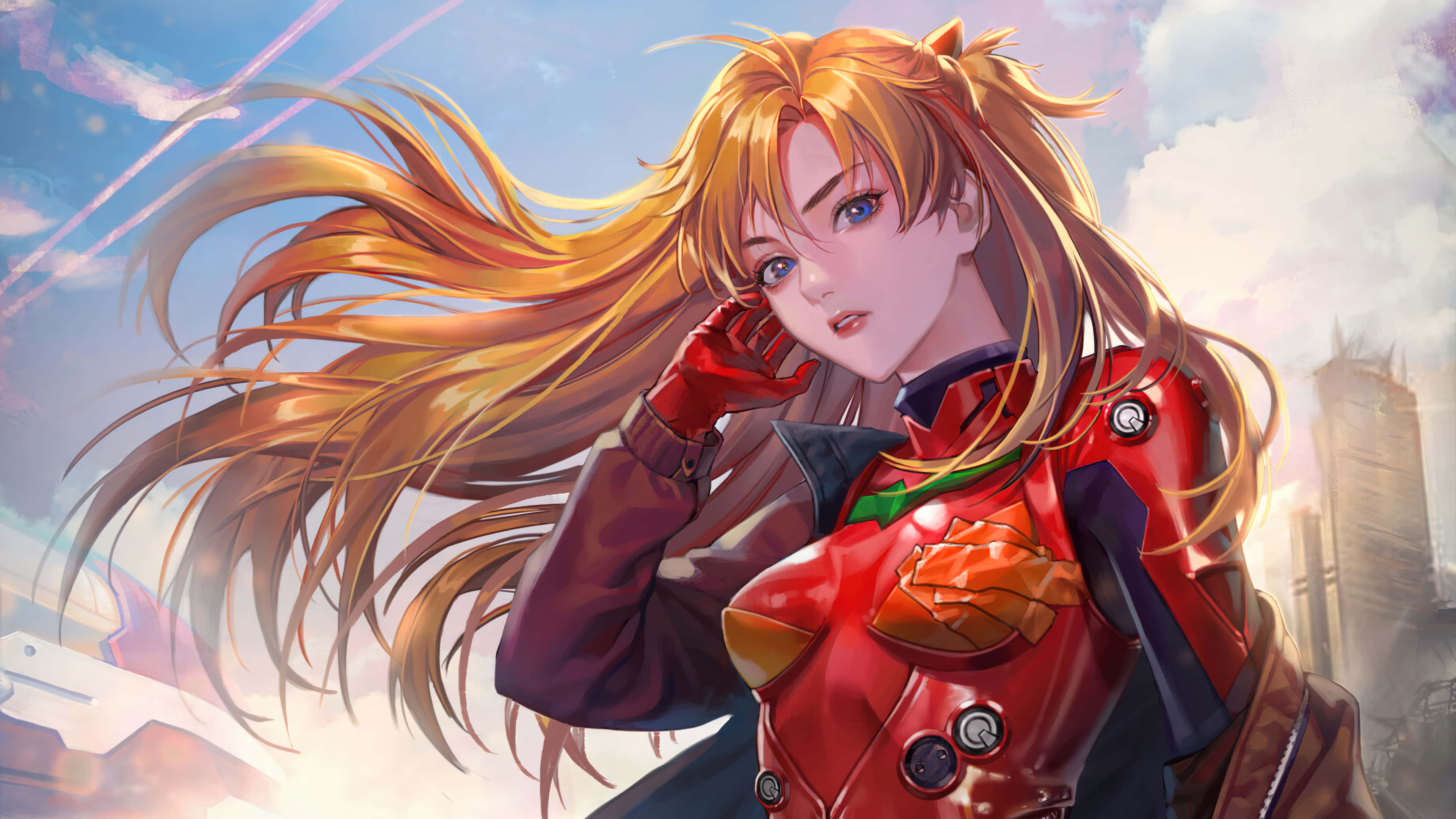 evangelion 4K 桌布 壁紙 — 一個充滿活力的動漫女孩，擁有飄逸的金色長髮和紅色盔甲，站在明亮的天空下，背景是未來城市廢墟。