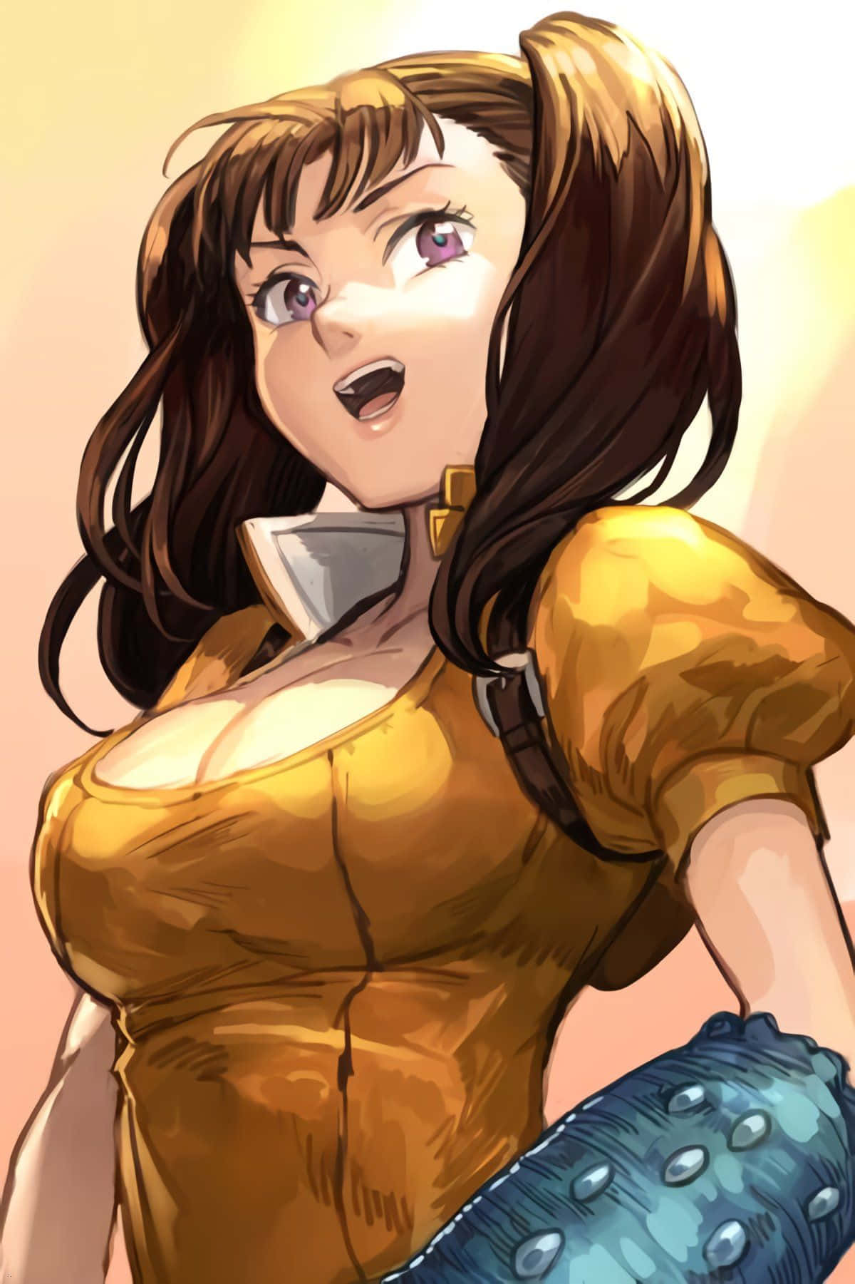Seven Deadly Sins Diane 桌布 壁紙 — 一個充滿活力的動漫女孩，棕色雙馬尾，紫色眼睛，穿著金色上衣和藍色裝甲護手，背景溫暖發光。
