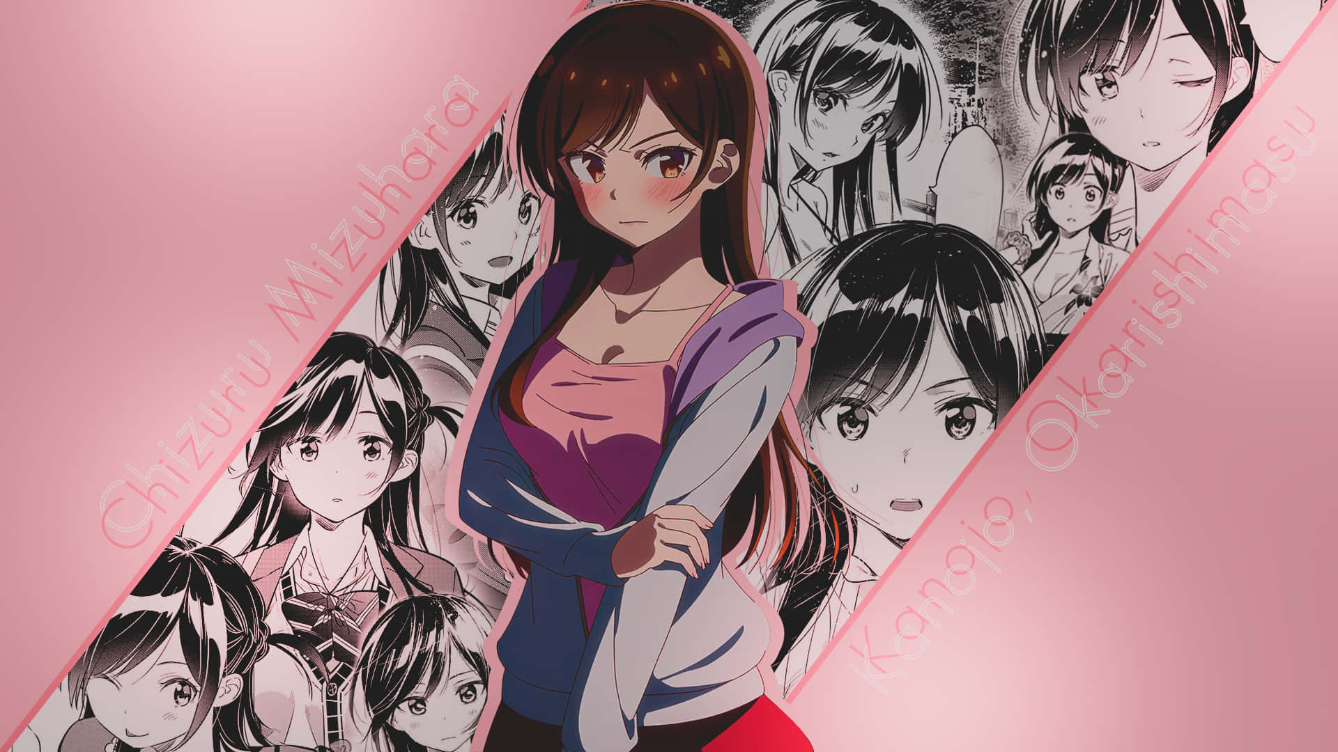Animated 桌布 壁紙 — 一個充滿活力的動漫女孩，棕色頭髮，在粉紅色漸變背景上被單色角色肖像包圍，自信地以彩色站立。