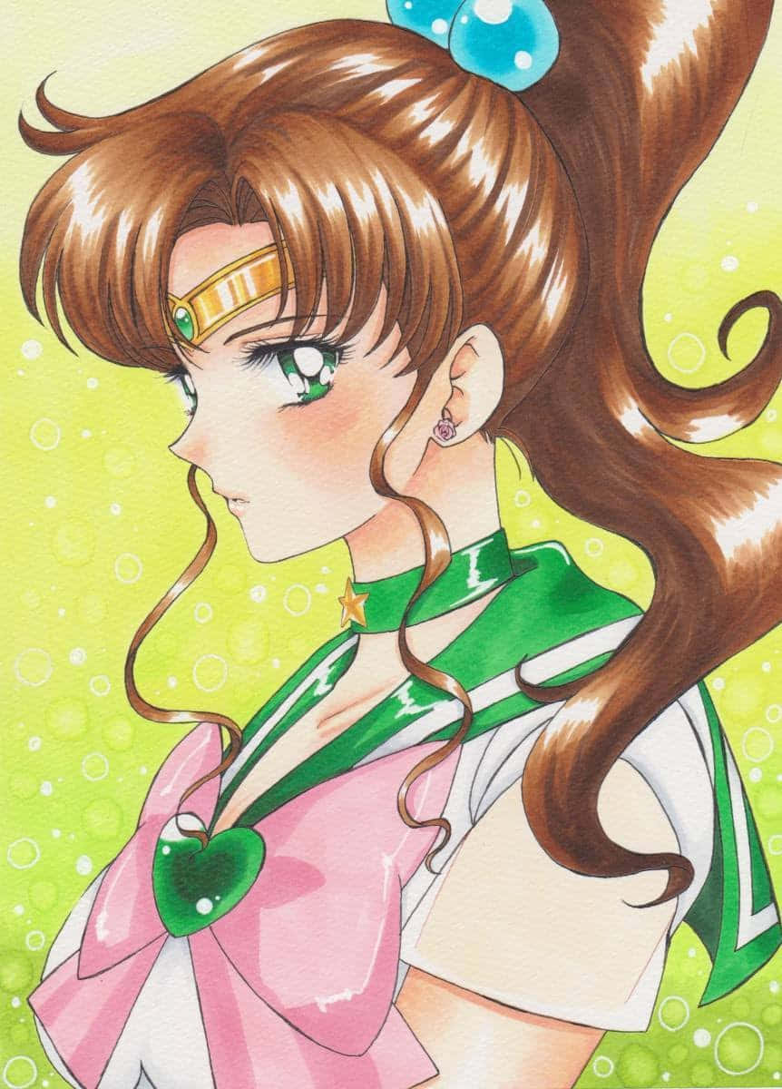 sailor jupiter 桌布 壁紙 — 一個充滿活力的動漫女孩，棕色頭髮和綠色眼睛，穿著粉紅色和綠色的水手服，背景是泡泡萊姆綠色。