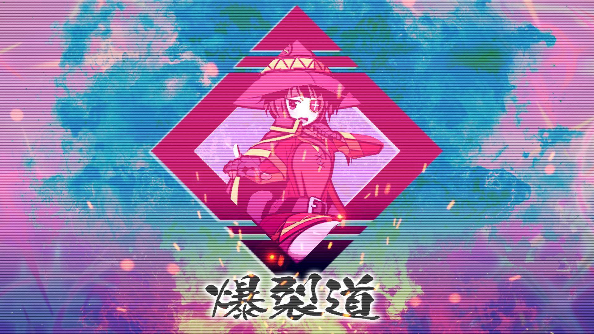 美學 桌布 壁紙 — 一個充滿活力的動漫女孩，穿著粉紅色服裝和帽子，站在發光的鑽石框架內，背景是故障的霓虹燈。