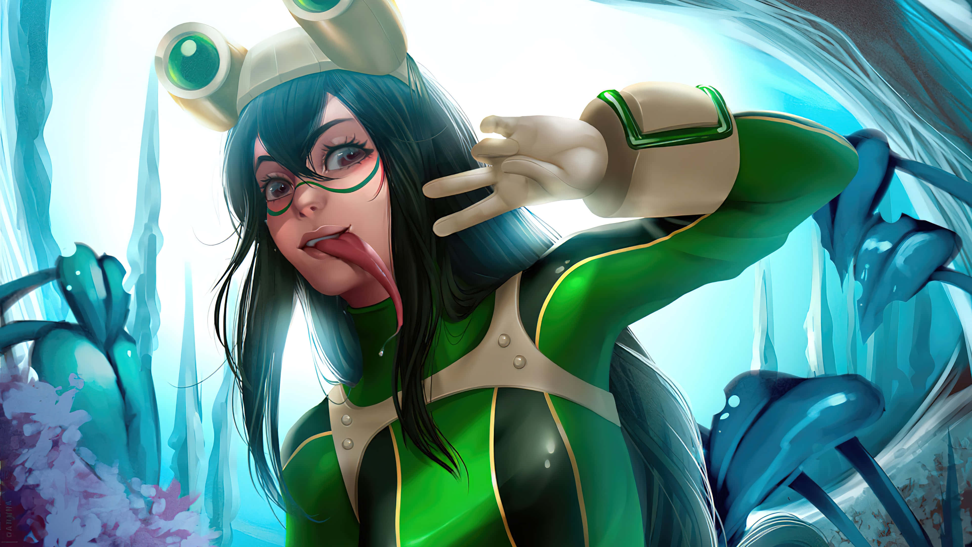 Froppy 桌布 壁紙 — 一個充滿活力的動漫女孩，穿著綠色和米色的裝備，戴著護目鏡，伸出舌頭，在發光的藍色水晶環境中擺姿勢。