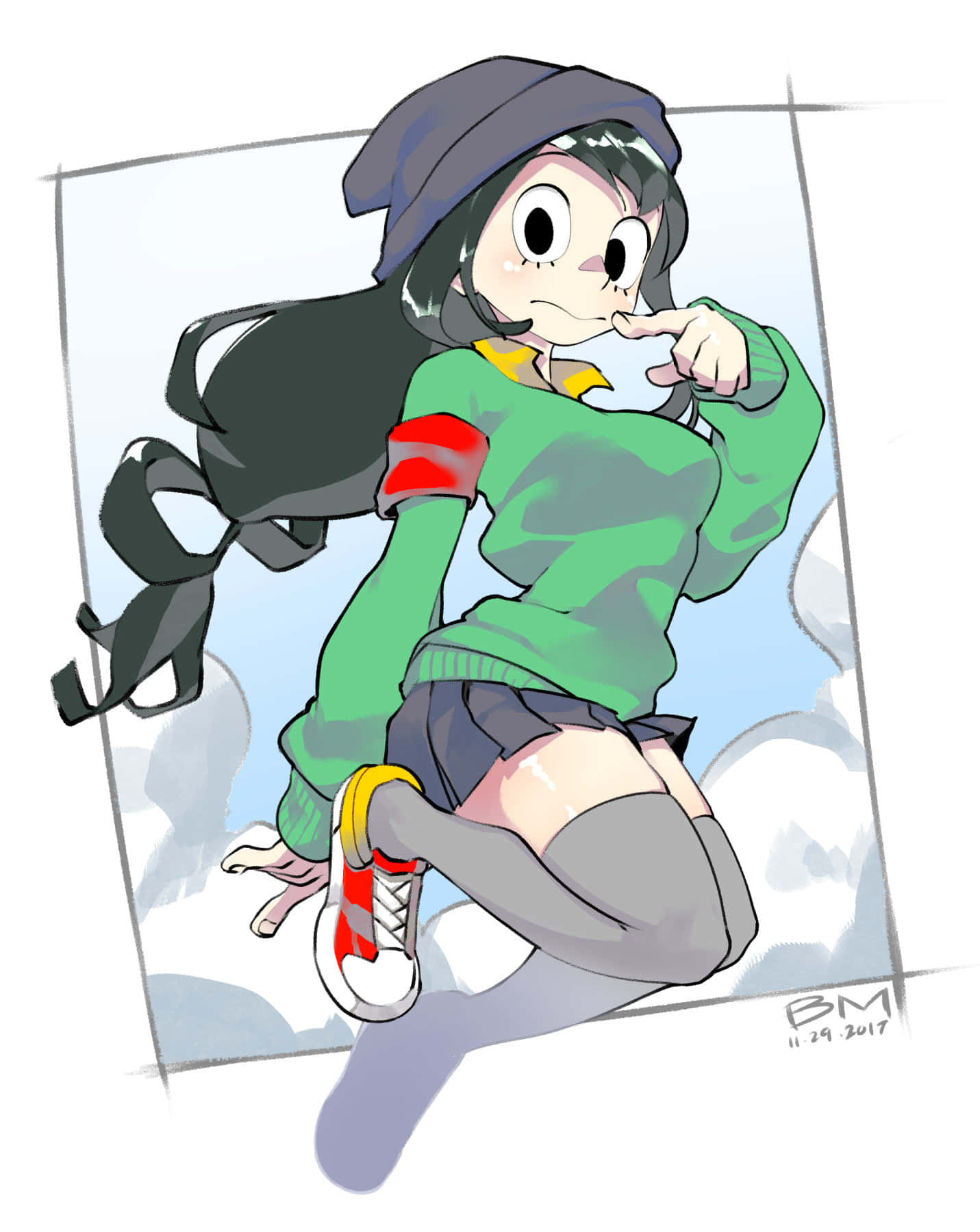 Froppy 桌布 壁紙 — 一個充滿活力的動漫女孩，穿著綠色毛衣和毛線帽，在陰天背景下跳躍，做出俏皮的手指手勢。