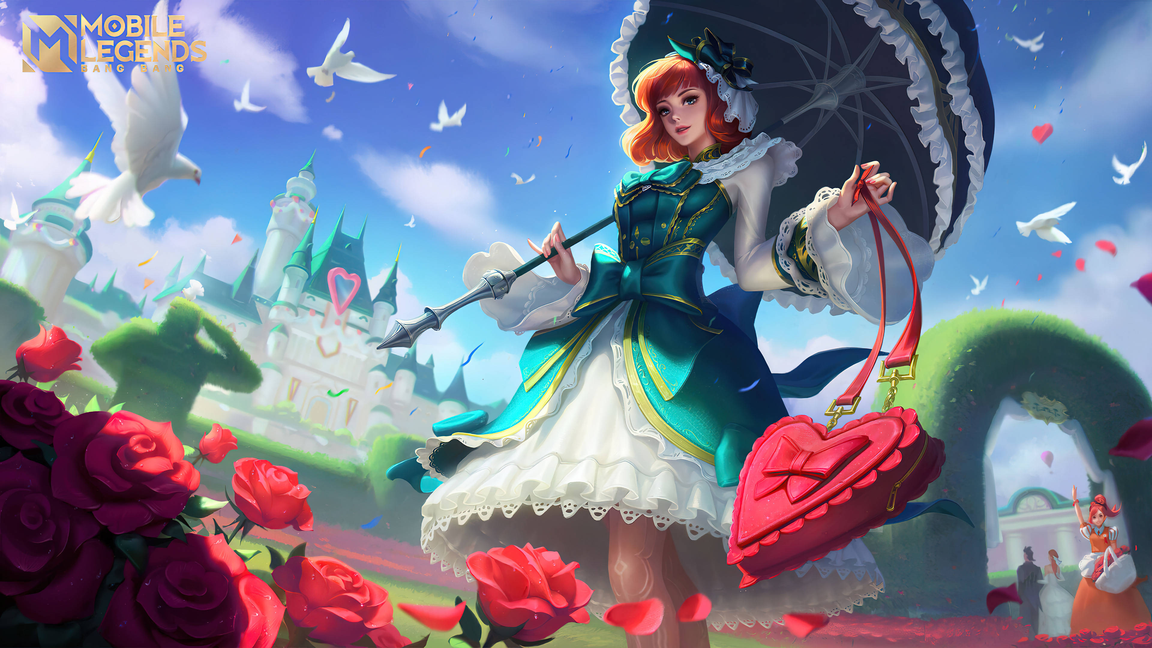 heroes 桌布 壁紙 — 一個充滿活力的動漫女孩，穿著青綠色和白色的連衣裙，在城堡附近紅玫瑰和飛鴿中拿著陽傘和心形手袋。