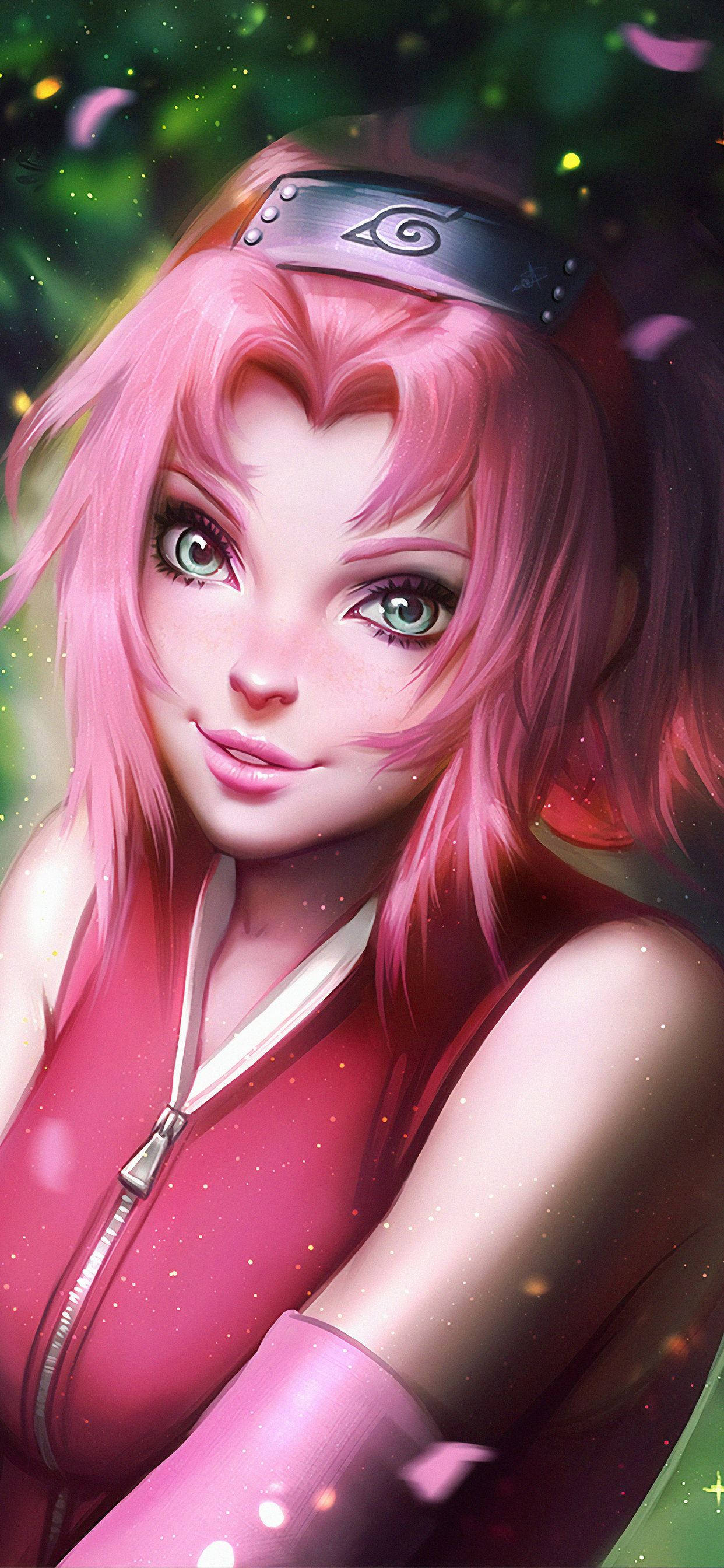 Sakura 桌布 壁紙 — 一個充滿活力的動漫女孩，粉紅色頭髮和綠色眼睛，在發光的綠色樹葉背景下溫柔地微笑。