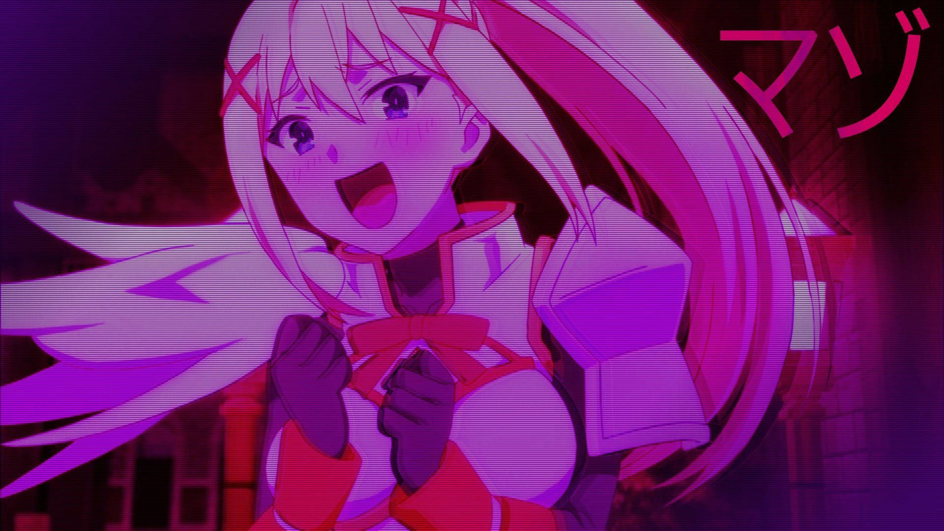 Purple Aesthetic Anime 桌布 壁紙 — 一個充滿活力的動漫女孩，粉紅色頭髮和發光的眼睛，在霓虹燈照亮的城市背景下開心地微笑。