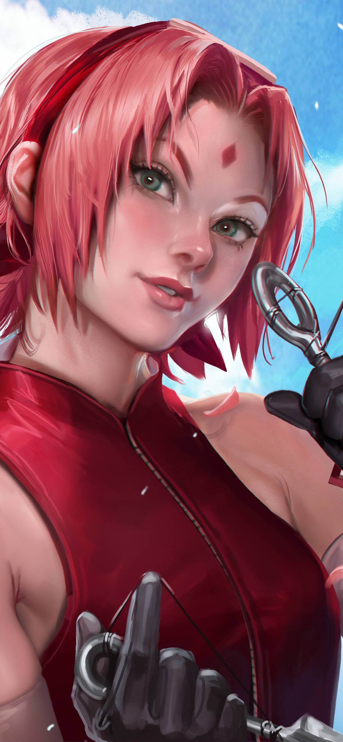 Sakura Haruno 桌布 壁紙 — 一個充滿活力的動漫女孩，粉紅色頭髮和紅色服裝，在明亮的藍天下手持機械手套。