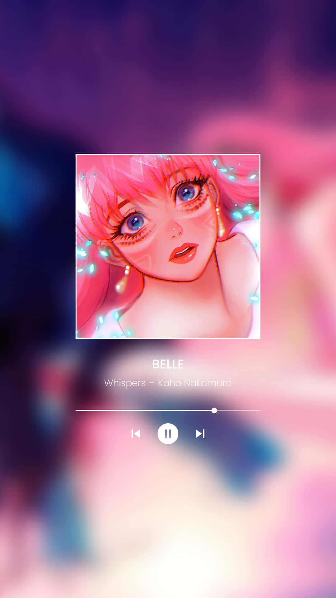 動漫女孩 桌布 壁紙 — 一個充滿活力的動漫女孩，粉紅色頭髮和發光的藍色眼睛，被音樂播放器介面包圍。