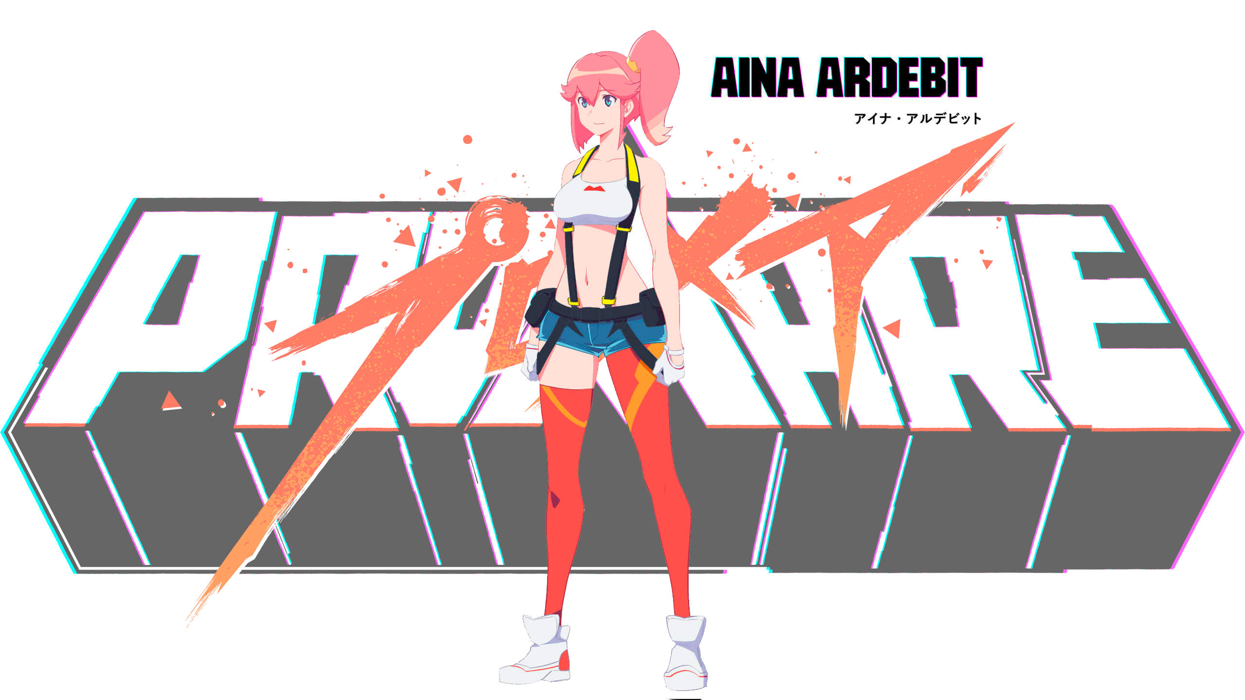 Promare 桌布 壁紙 — 一個充滿活力的動漫女孩，粉紅色頭髮，自信地站在一個風格化的「PRINCE」標誌前，帶有橙色能量爆發。