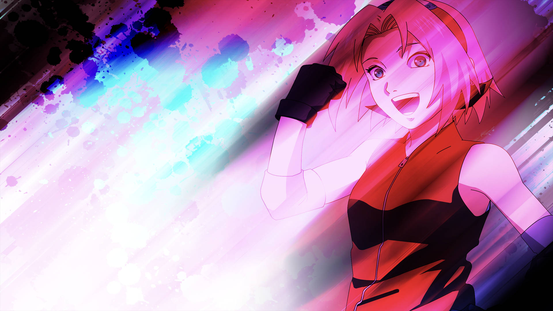Sakura Haruno 桌布 壁紙 — 一個充滿活力的動漫女孩，粉紅色頭髮和紅色服裝，對著紫色、藍色和白色光的動態飛濺緊握拳頭。