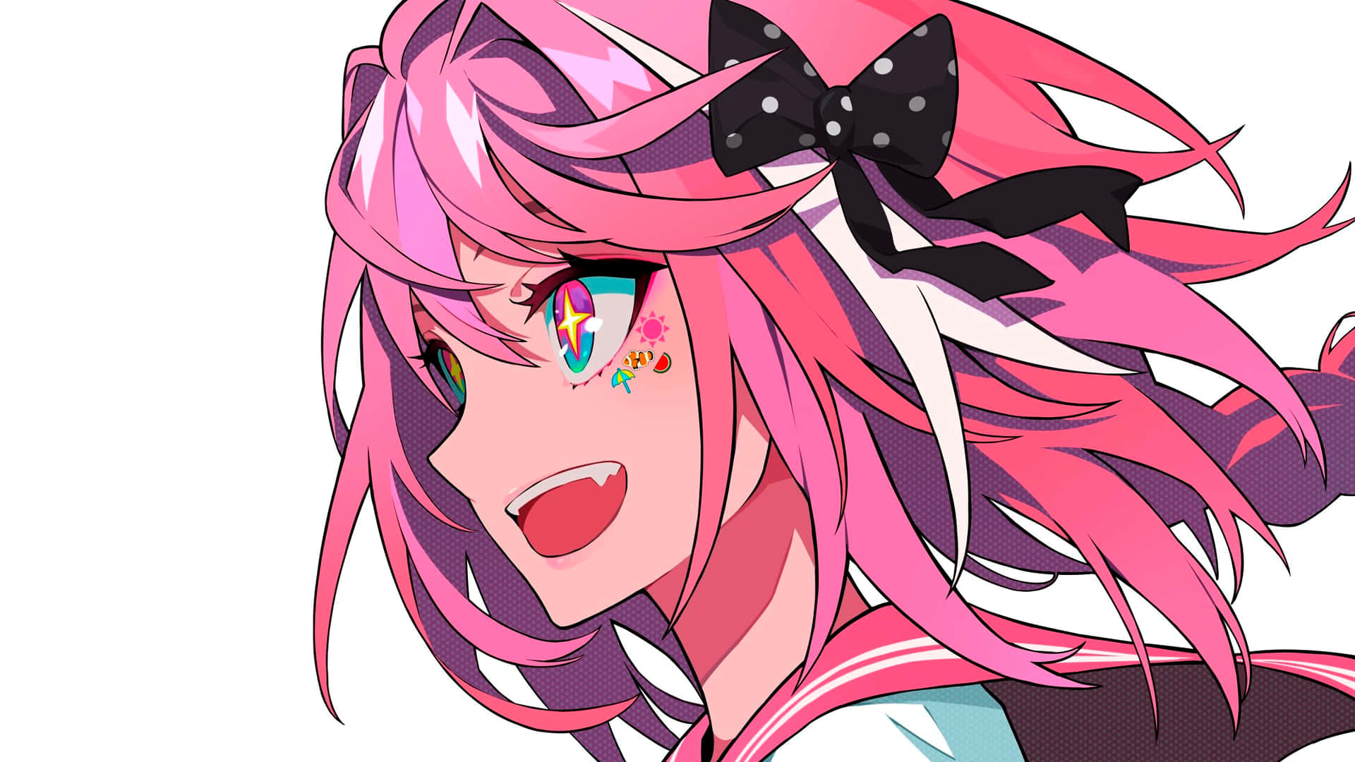 動漫女孩 桌布 壁紙 — 一個充滿活力的動漫女孩，粉紅色頭髮和黑色蝴蝶結，在純白色背景上燦爛地微笑。