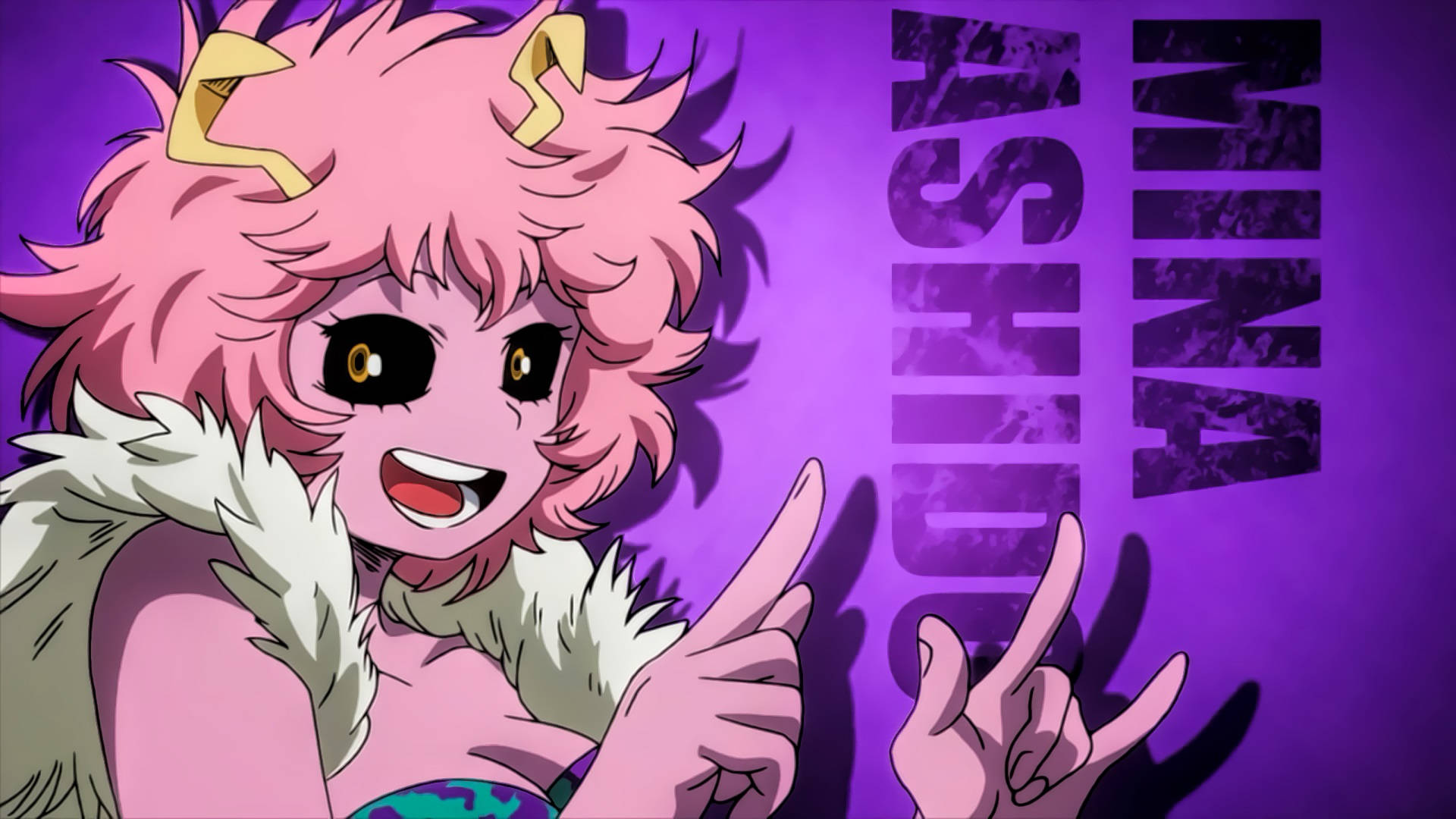 Bakusquad 桌布 壁紙 — 一個充滿活力的動漫女孩，粉紅色頭髮和黃色角，在紫色背景上愉快地指著她的名字。