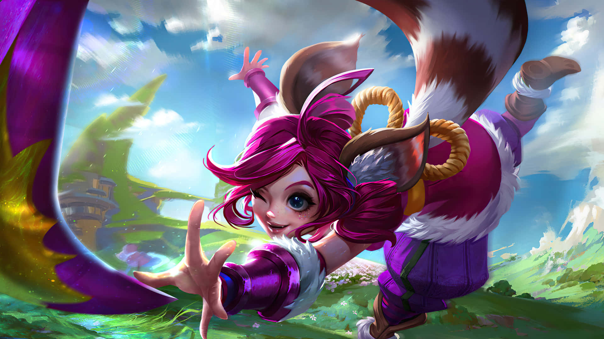Mobile Legends 動態圖 桌布 壁紙 — 一個充滿活力的動漫女孩，粉紅色頭髮和狐狸尾巴，在明亮的藍天下歡快地跳躍穿過色彩繽紛的幻想風景。