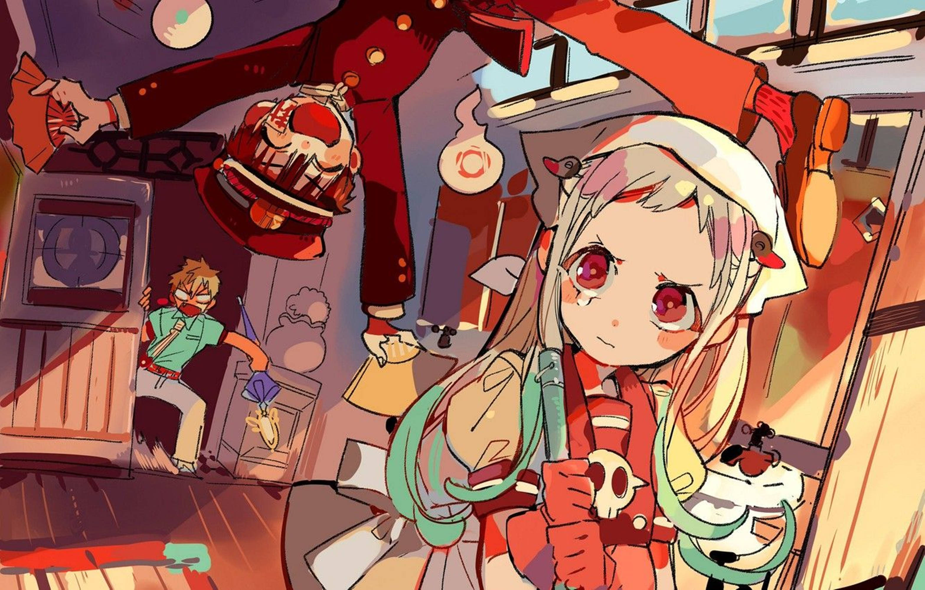 動漫女孩 桌布 壁紙 — 一個充滿活力的動漫女孩，紅眼睛，戴白帽，在一個雜亂的房間裡拿著一個骷髏主題的物品，房間裡有漂浮的物體，背景中有一個男孩。
