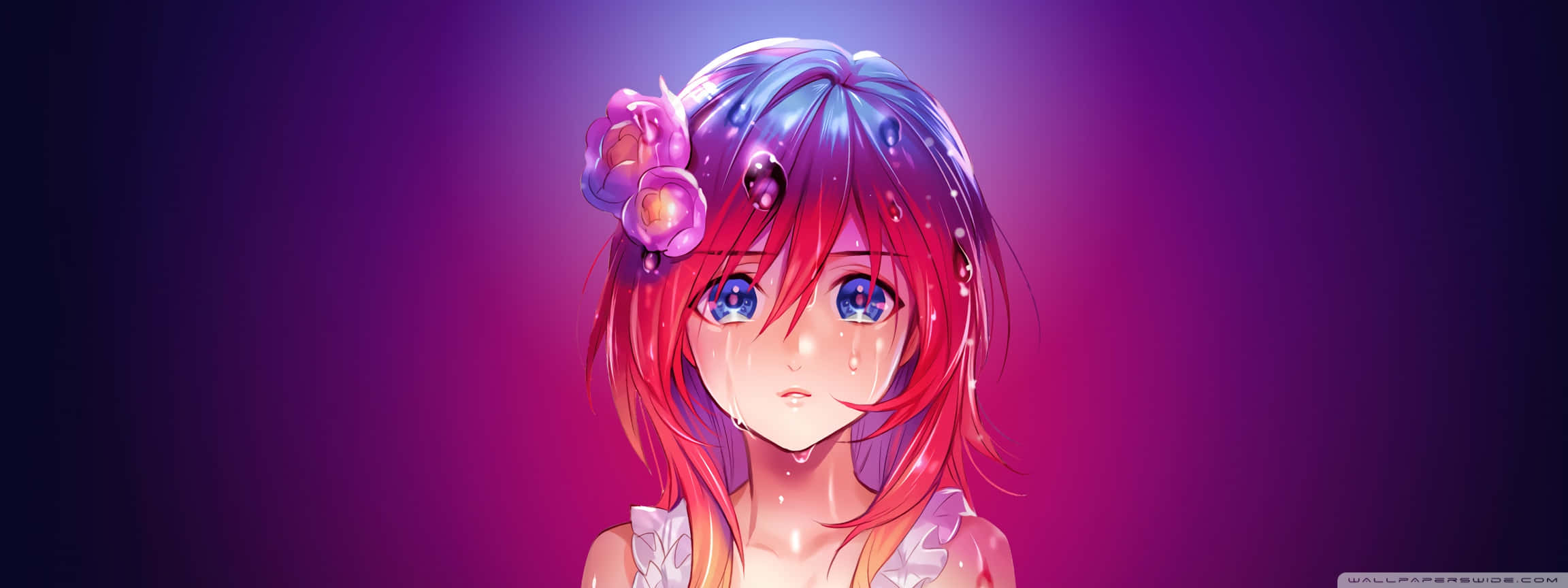 Beautiful Sad Anime 桌布 壁紙 — 一個充滿活力的動漫女孩，紅藍色的頭髮上點綴著發光的花朵，站在耀眼的紫色漸變背景前。