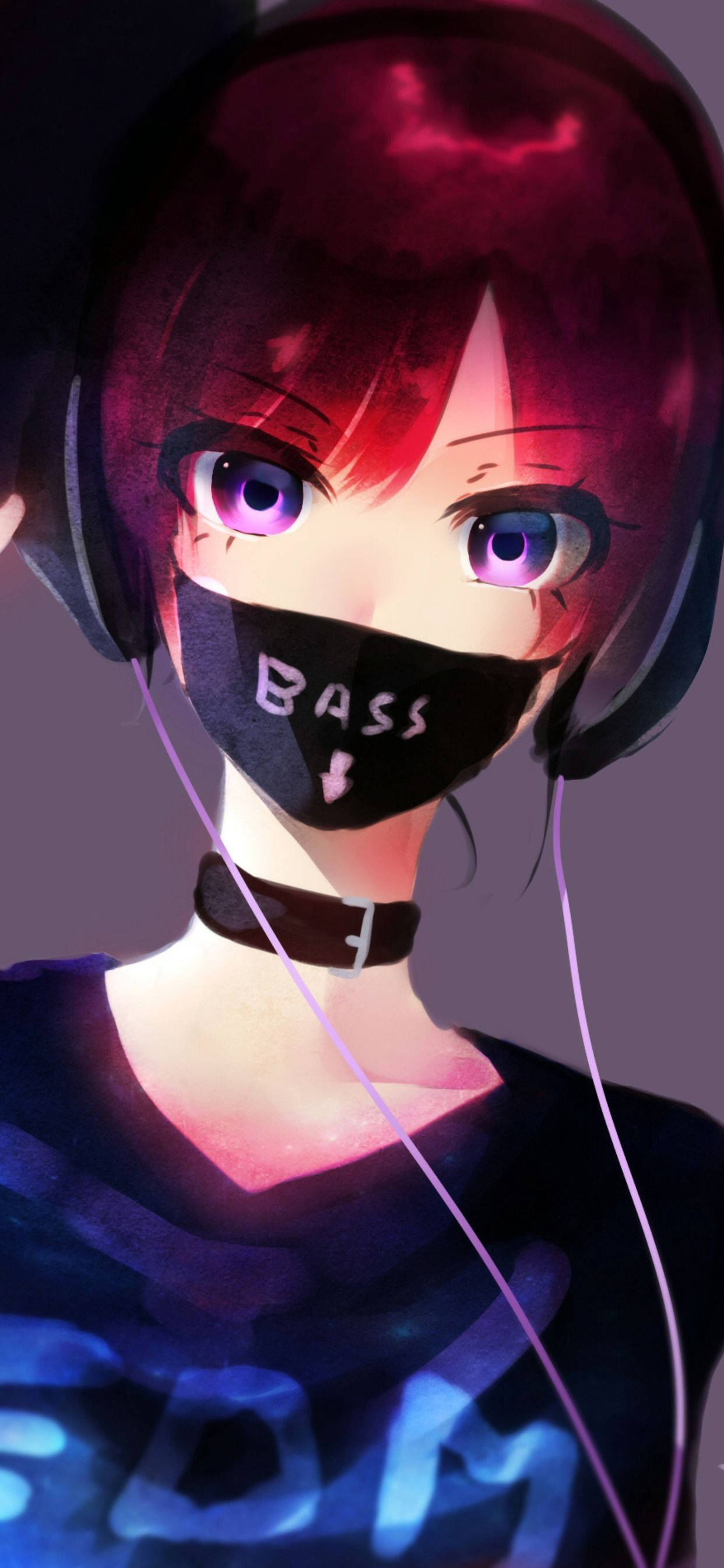 動漫女孩 桌布 壁紙 — 一個充滿活力的動漫女孩，紅髮紫眼，戴著耳機和標有低音的面罩，在霓虹燈下發光。