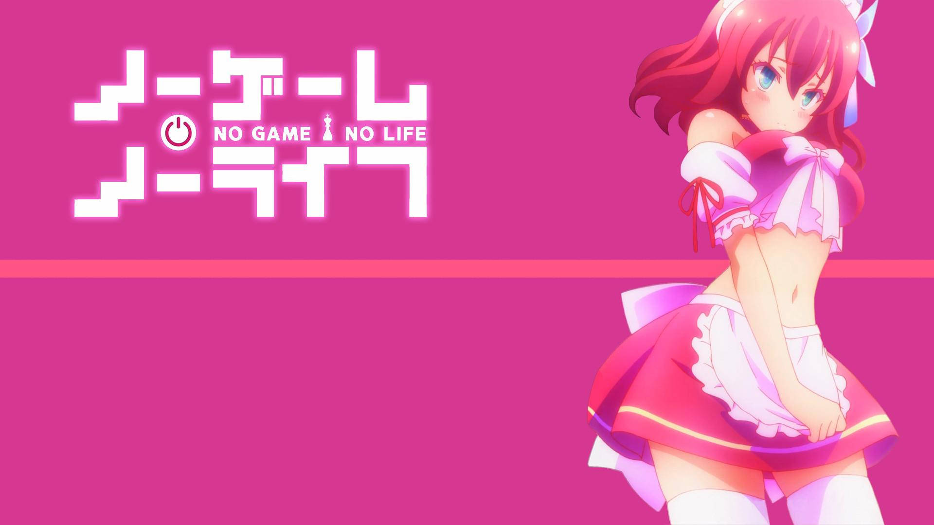 game 桌布 壁紙 — 一個充滿活力的動漫女孩，紅髮藍眼，穿著粉紅色女僕裝，在純洋紅色背景上擺姿勢，帶有「No Game No Life」標誌。