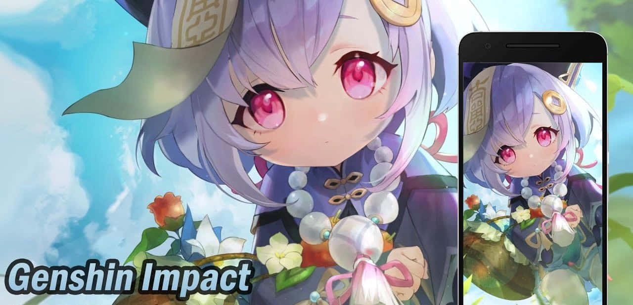Genshin Impact Qiqi 桌布 壁紙 — 一個充滿活力的動漫女孩，紫色頭髮和粉紅色眼睛，在明亮的藍天下拿著花，映照在智慧型手機螢幕上。