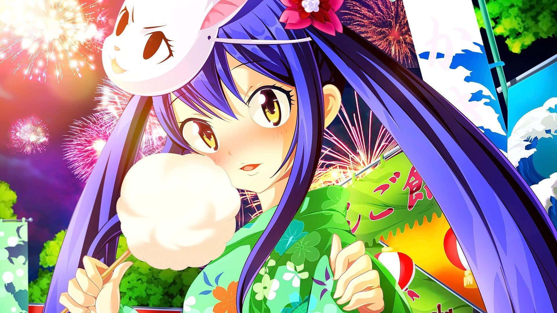 Wendy Marvell 桌布 壁紙 — 一個充滿活力的動漫女孩，紫色頭髮，戴著白色兔子面具，在耀眼的煙火表演中吃棉花糖。