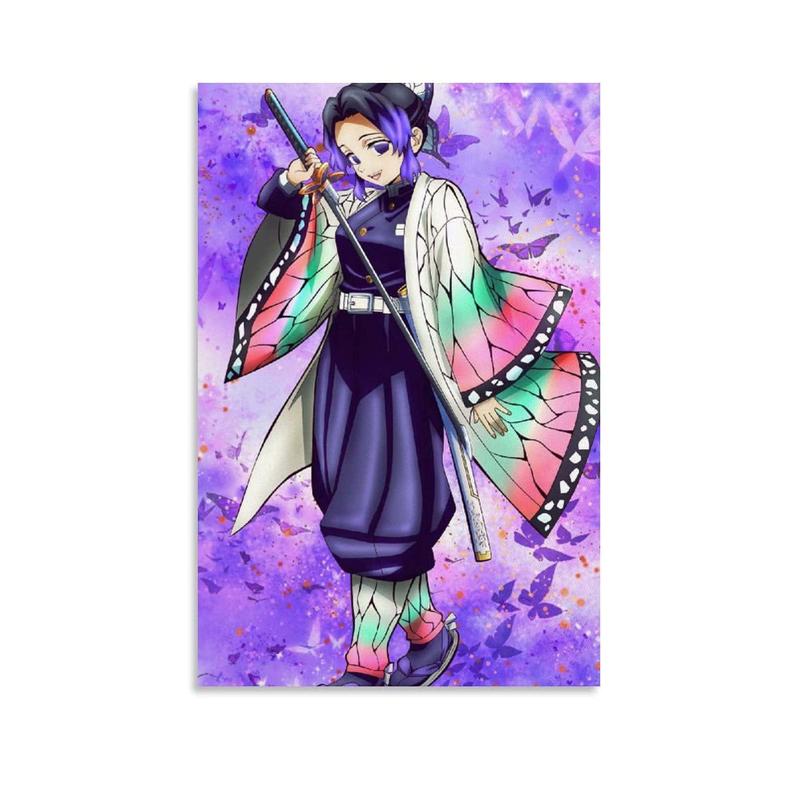Demon Slayer Corps 桌布 壁紙 — 一個充滿活力的動漫女孩，紫色頭髮，穿著蝴蝶翅膀和服，在閃閃發光的紫色背景下握著劍。