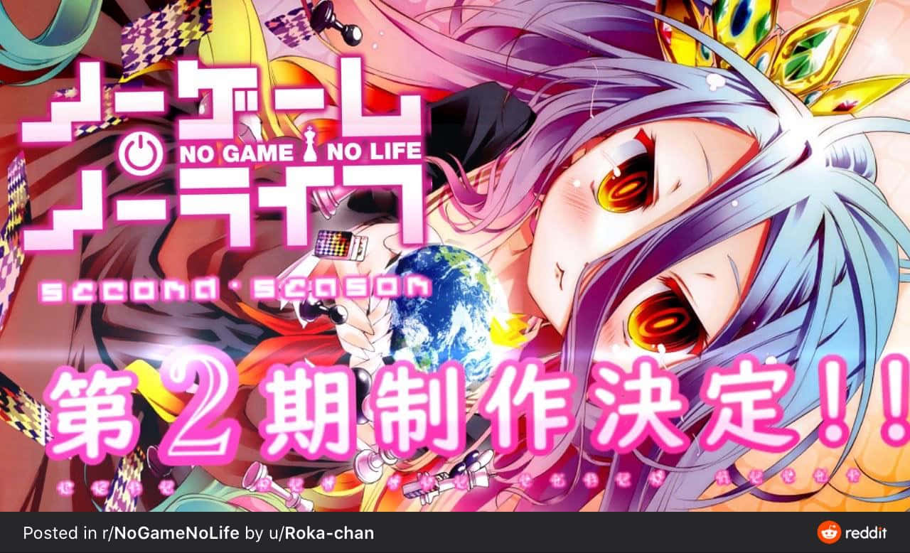 遊戲人生 桌布 壁紙 — 一個充滿活力的動漫女孩，紫色頭髮和發光的眼睛，在色彩繽紛混亂的文字中抱著一個地球儀，宣佈第二季。