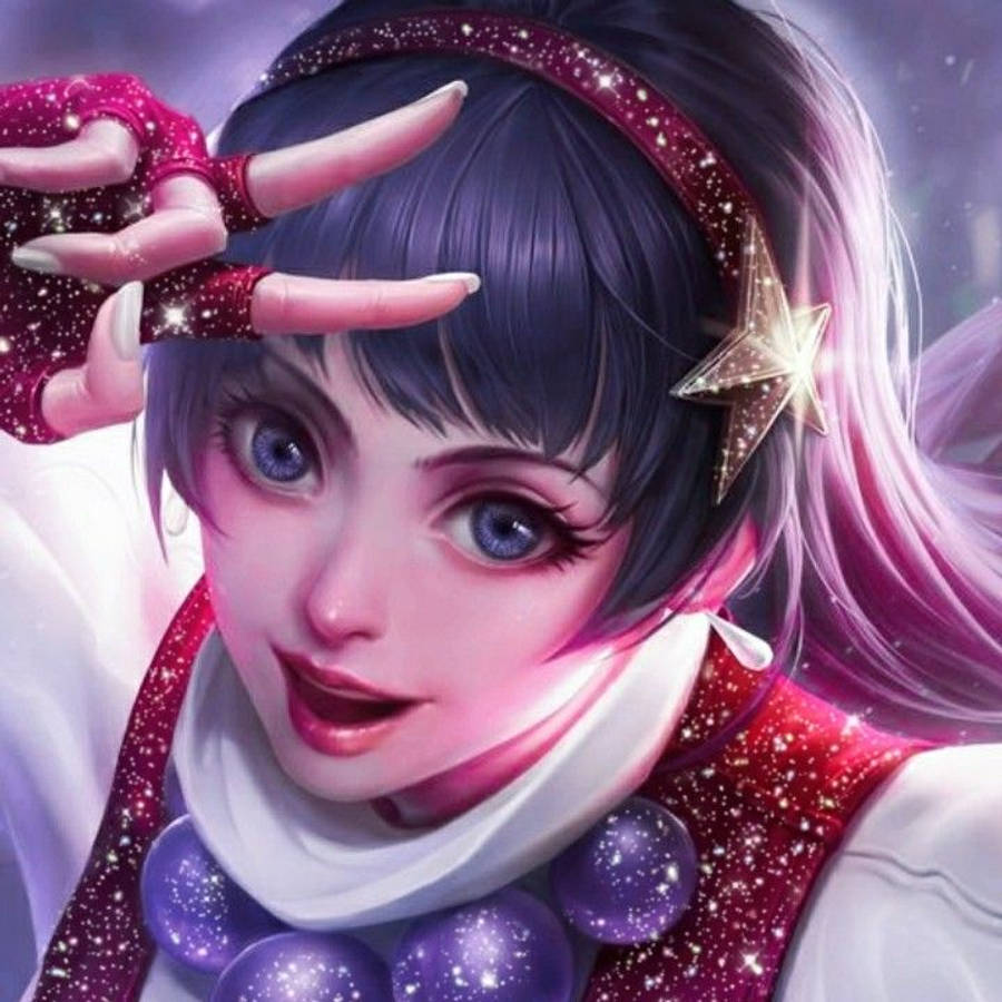 Guinevere 桌布 壁紙 — 一個充滿活力的動漫女孩，紫色頭髮和星星飾品，在閃爍的宇宙背景前俏皮地擺姿勢。
