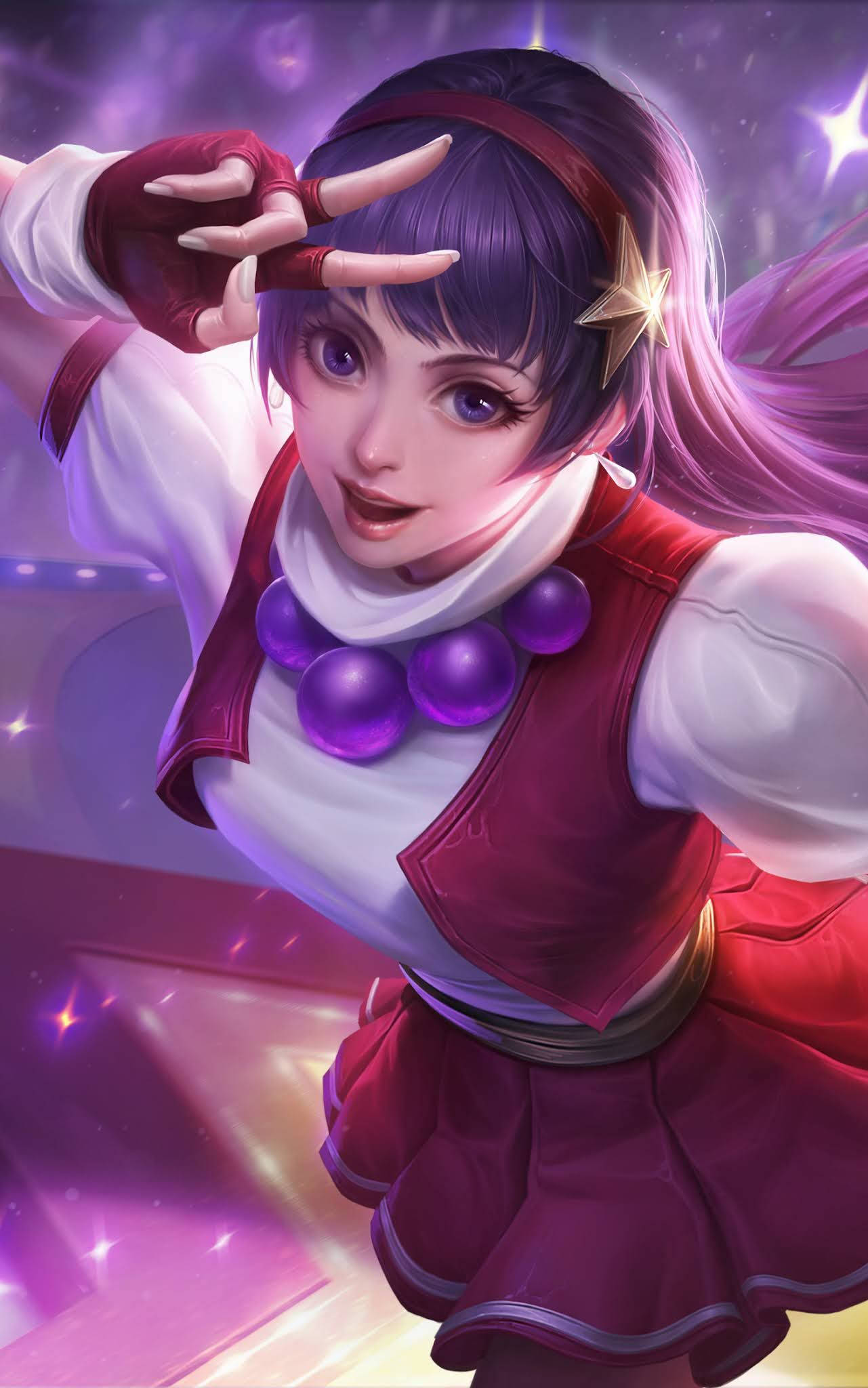 Guinevere 桌布 壁紙 — 一個充滿活力的動漫女孩，紫色頭髮和星星飾品，在閃爍的宇宙背景下擺出俏皮的姿勢。