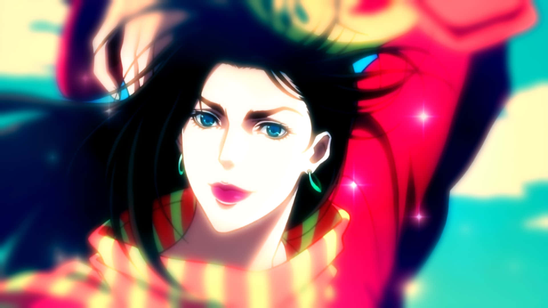 Battle Tendency 桌布 壁紙 — 一個充滿活力的動漫女孩，藍眼睛黑頭髮，在色彩繽紛的發光背景前凝視前方。
