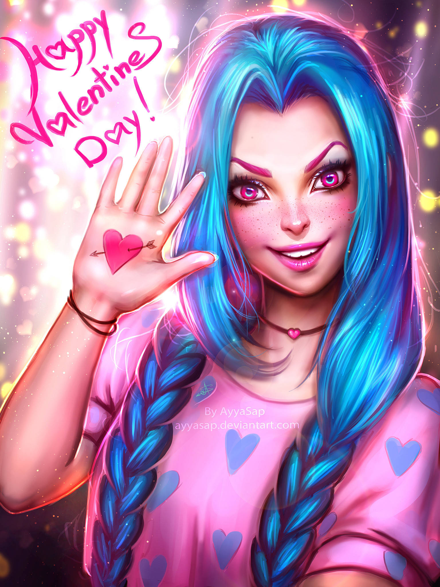 Happy Valentines Day 桌布 壁紙 — 一個充滿活力的動漫女孩，藍色辮子頭髮和粉紅色眼睛，手掌上有一個被箭穿過的心，在閃閃發光的情人節背景下揮手。
