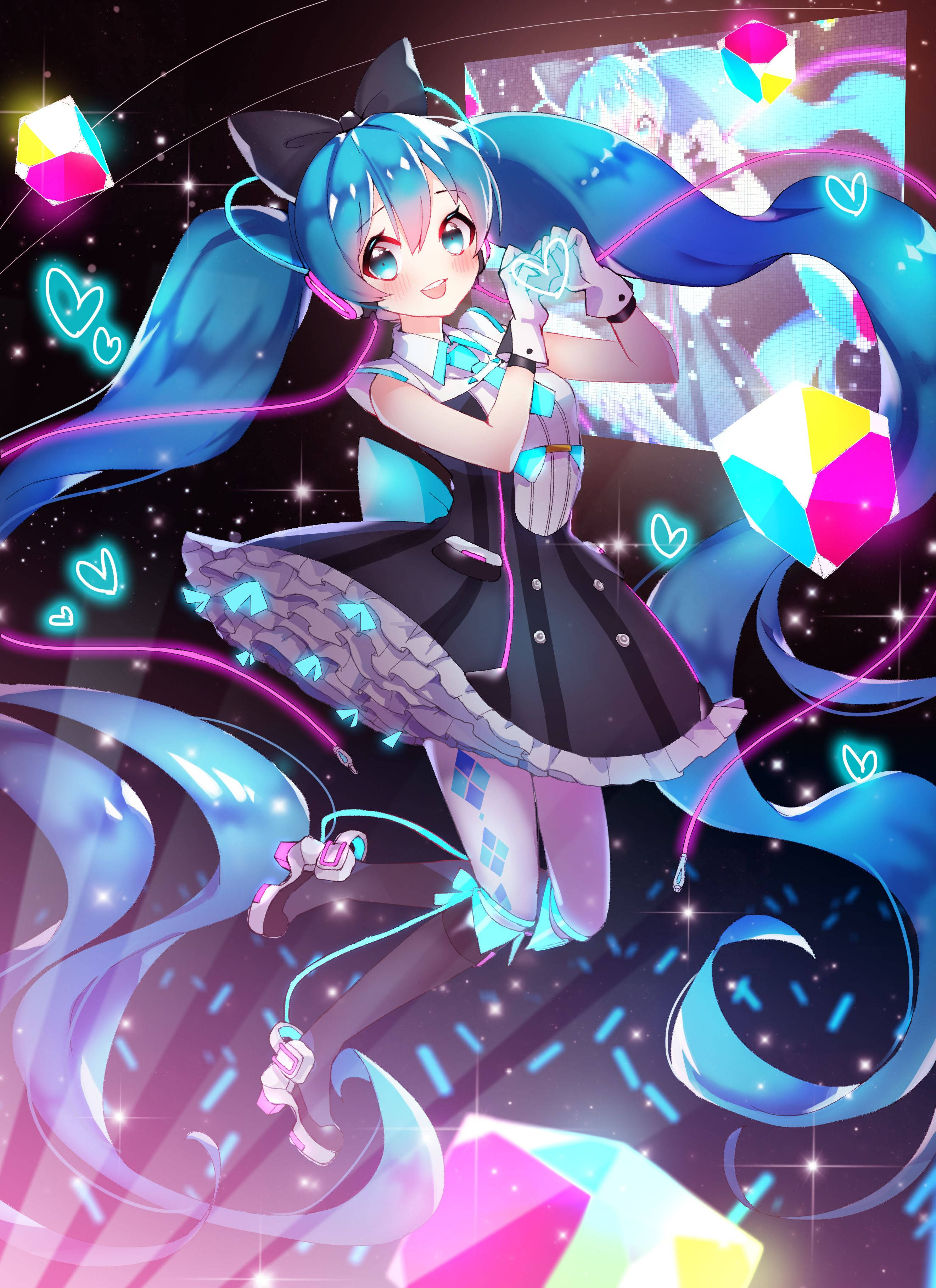 miku 桌布 壁紙 — 一個充滿活力的動漫女孩，藍色雙馬尾和貓耳朵，在閃爍的霓虹心形和彩色幾何形狀中跳舞，背景是星光燦爛的宇宙。