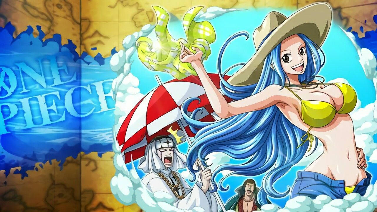 nefertari vivi 桌布 壁紙 — 一個充滿活力的動漫女孩，藍色頭髮，戴著草帽，手持紅色和白色的雨傘，揮舞著發光的綠色武器。