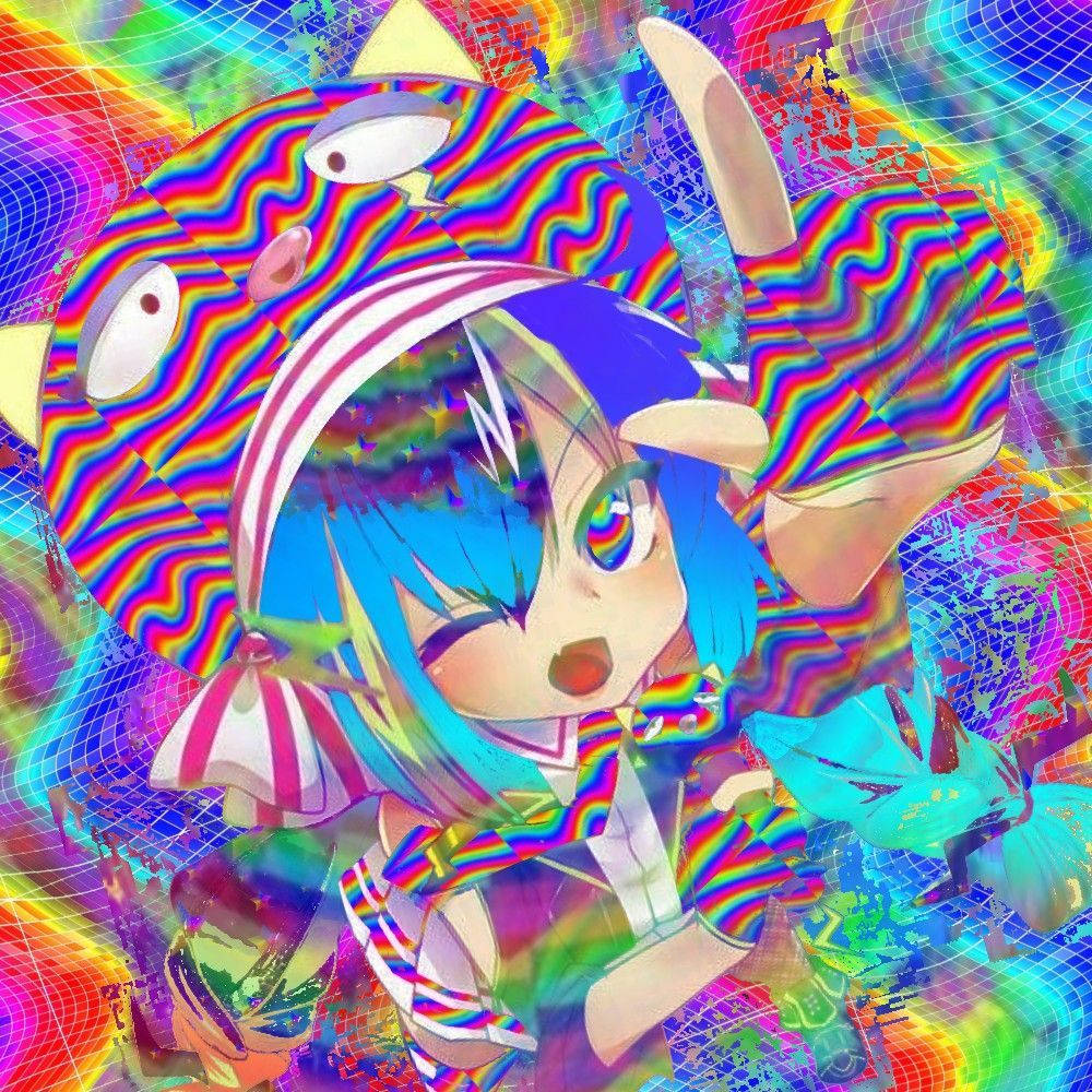 動漫女孩 桌布 壁紙 — 一個充滿活力的動漫女孩，藍色頭髮和貓耳，戴著彩虹條紋帽子，背景是迷幻的數位網格。