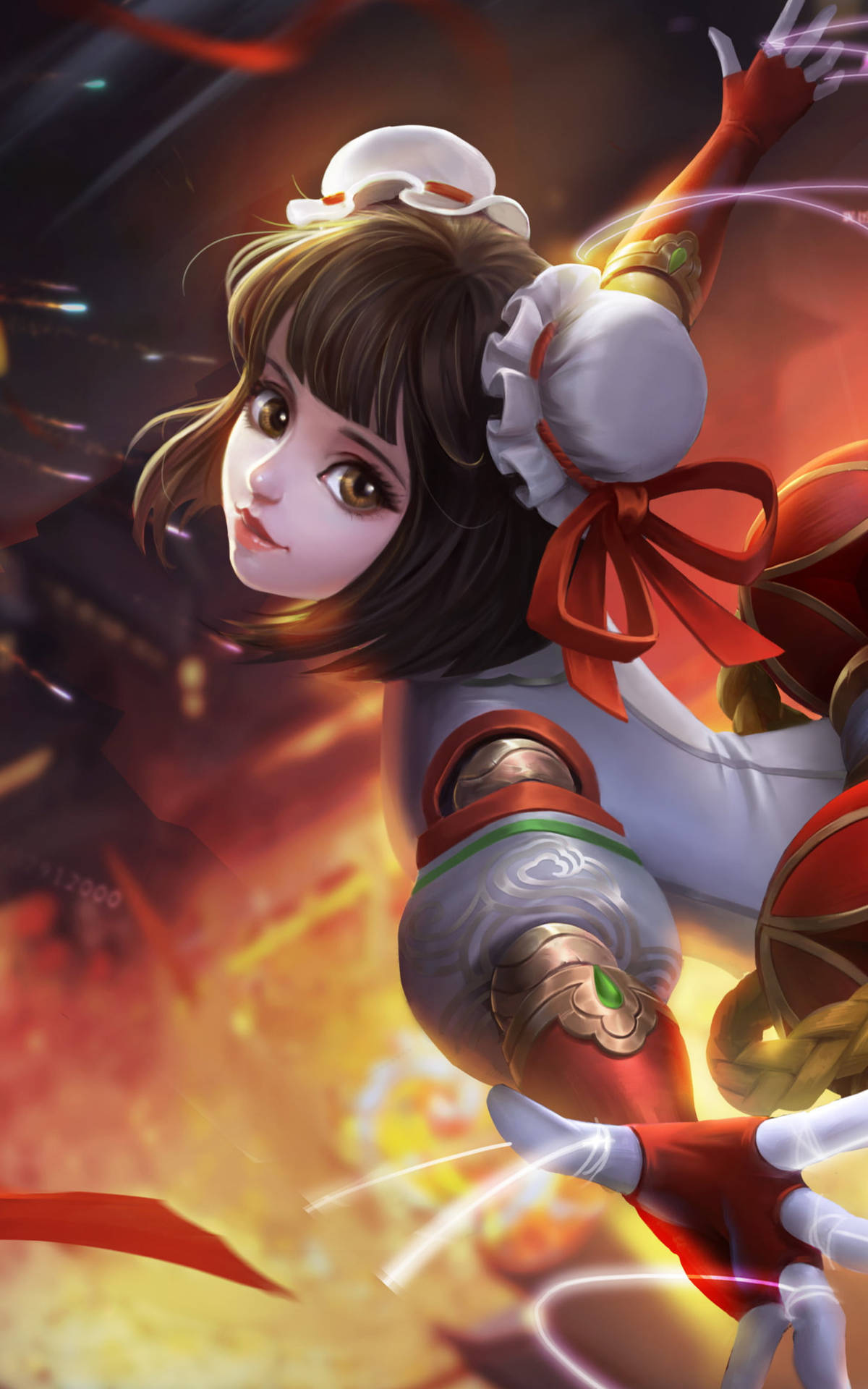 動漫女孩身穿紅白相間服裝，在激烈的戰鬥中揮舞發光能量。 — Mobile Legends 動態圖 壁紙