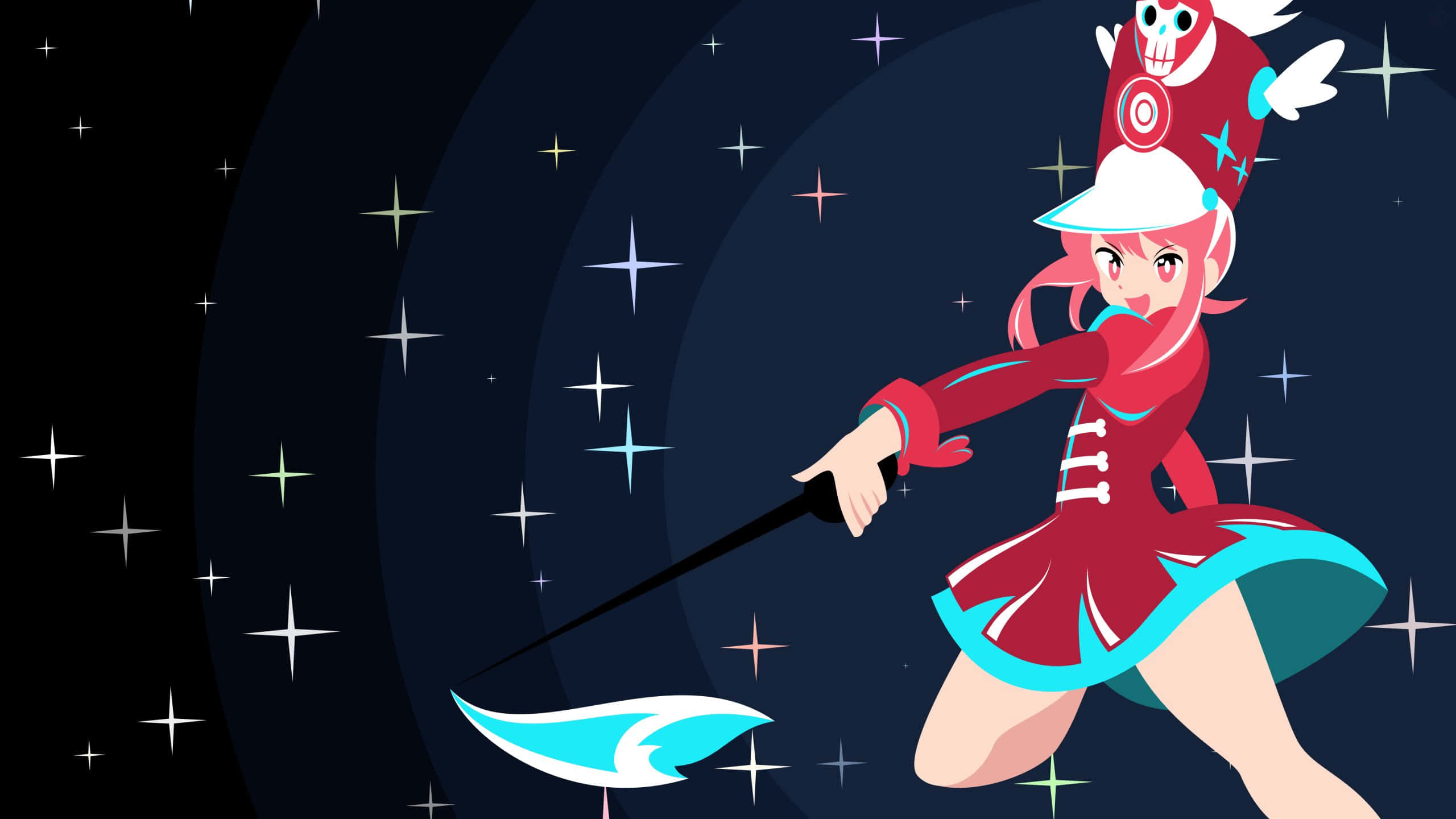 Nonon Jakuzure 桌布 壁紙 — 一個充滿活力的動漫女孩，身穿紅色和青綠色的服裝，在繁星點點的夜空下揮舞著發光的劍。