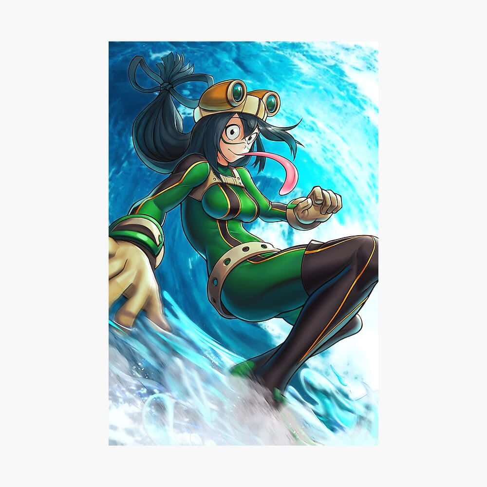 Froppy 桌布 壁紙 — 一個充滿活力的動漫女孩，身穿綠色和黑色裝備，伸出舌頭在巨大的藍色海浪上衝浪。