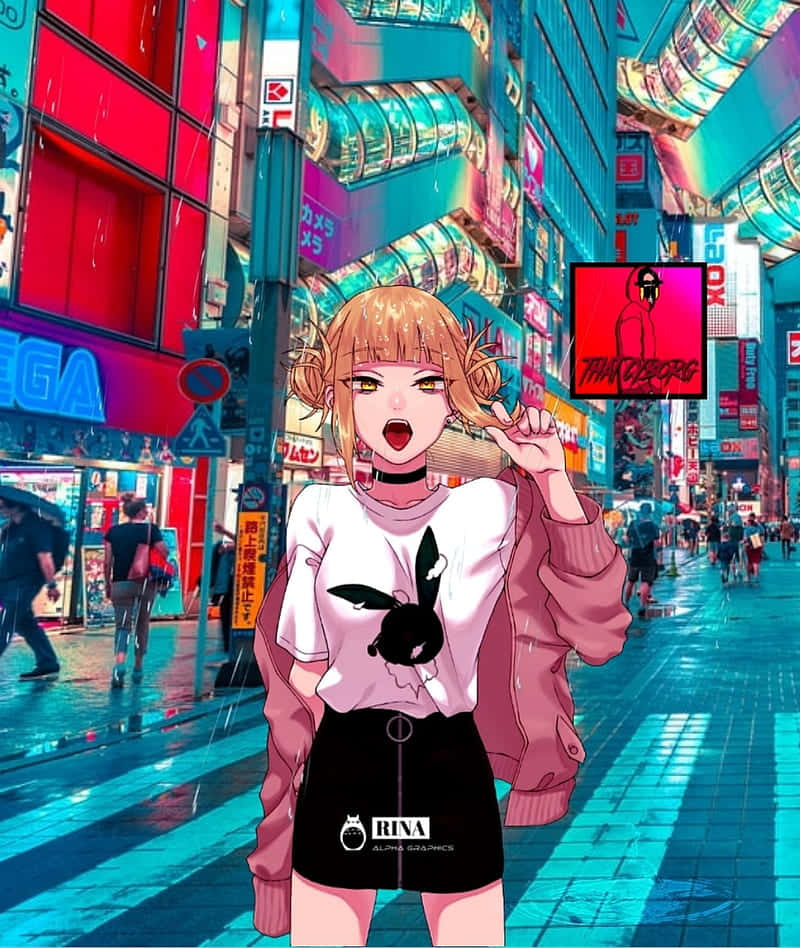 女孩 桌布 壁紙 — 一個充滿活力的動漫女孩，金色雙馬尾，站在霓虹燈閃爍的雨夜東京街頭，周圍是發光的招牌和熙攘的行人。