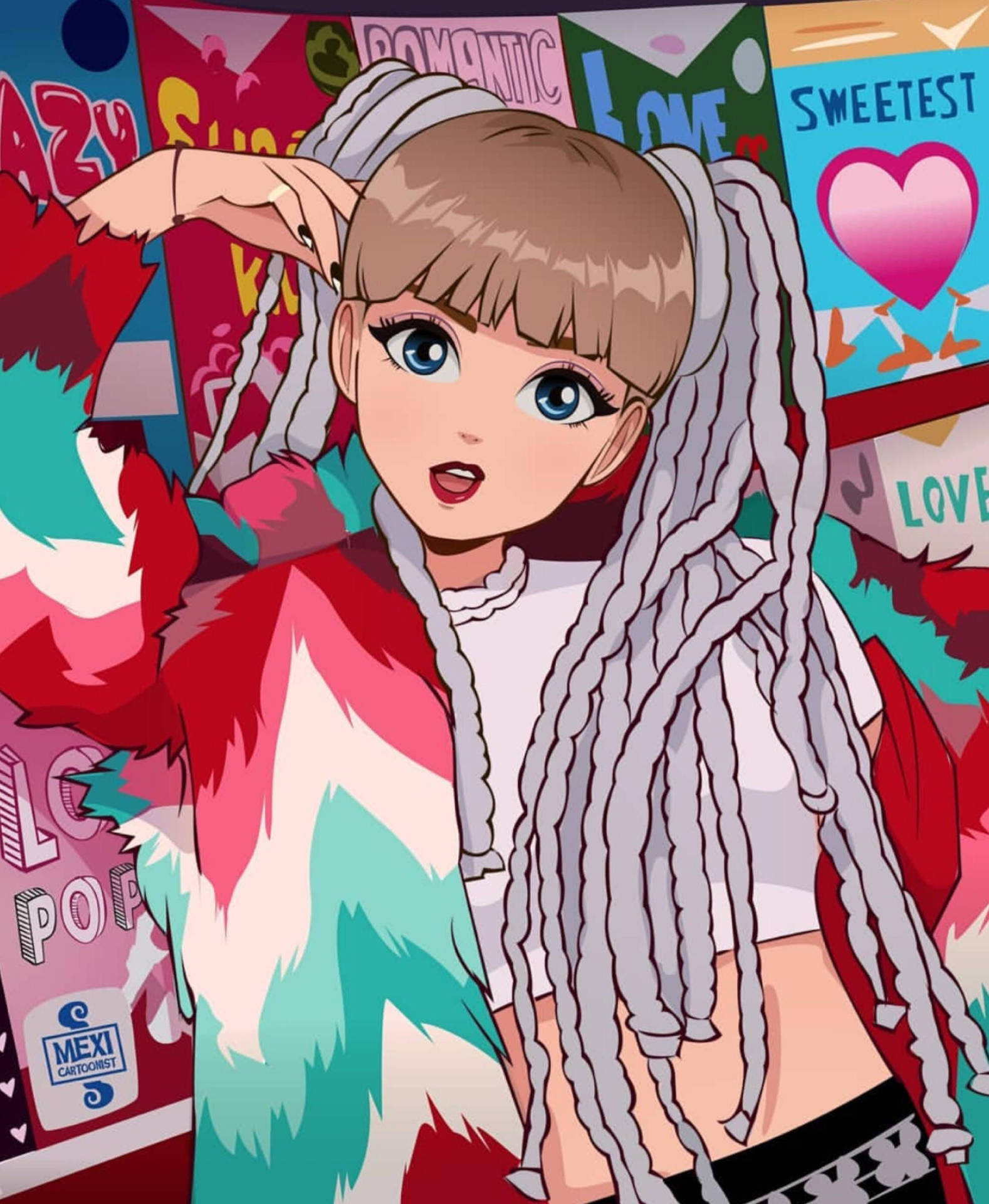 動漫女孩，銀色辮子頭和藍色眼睛，在愛情主題塗鴉牆前。 — Blackpink 動畫 GIF 壁紙